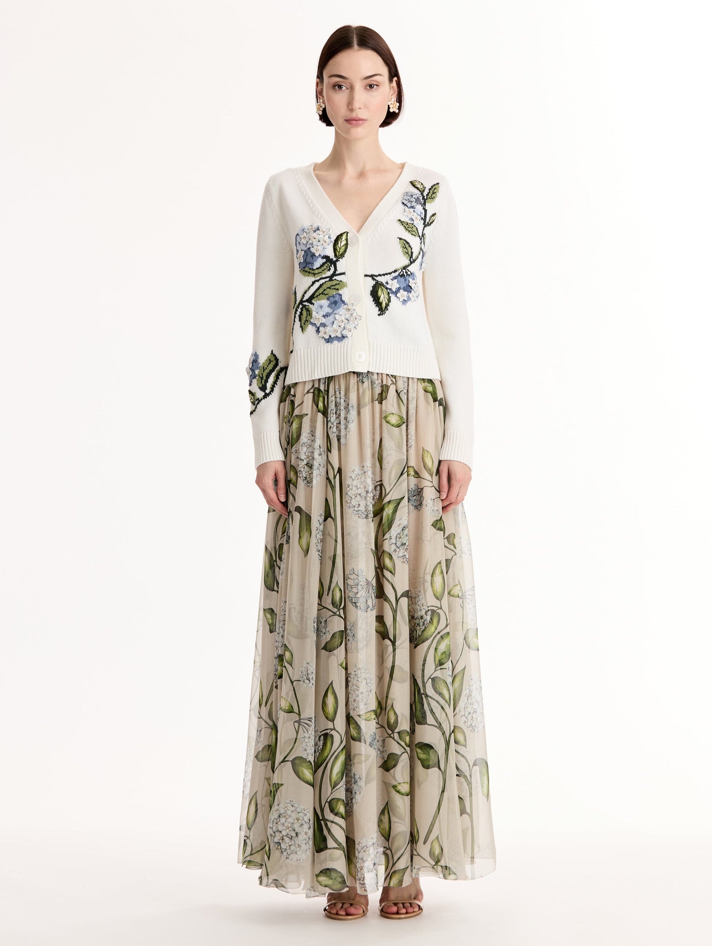Porcelain Flower Jacquard Cardigan Ivory / Oscar de la Renta