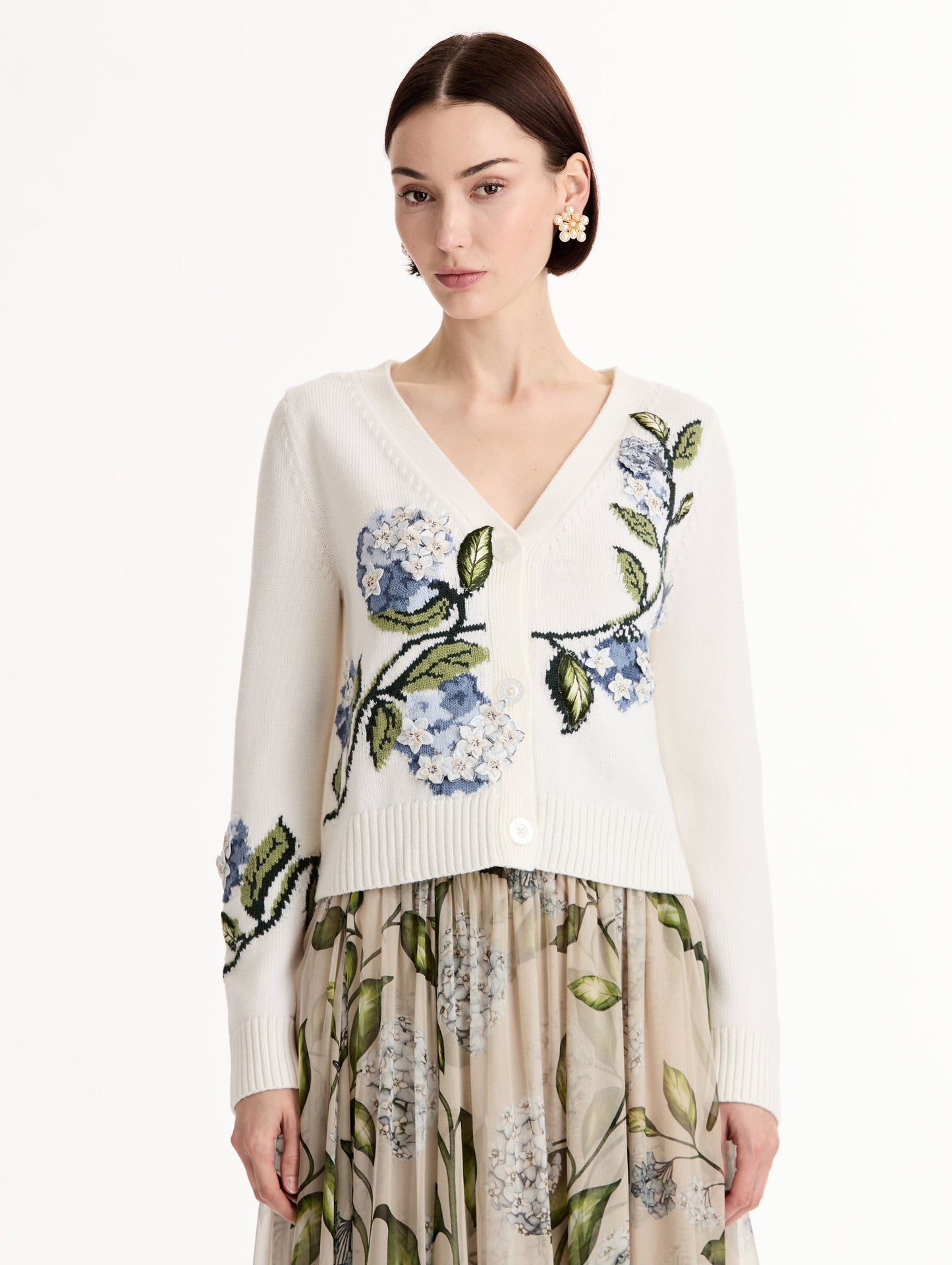 Porcelain Flower Jacquard Cardigan Ivory / Oscar de la Renta