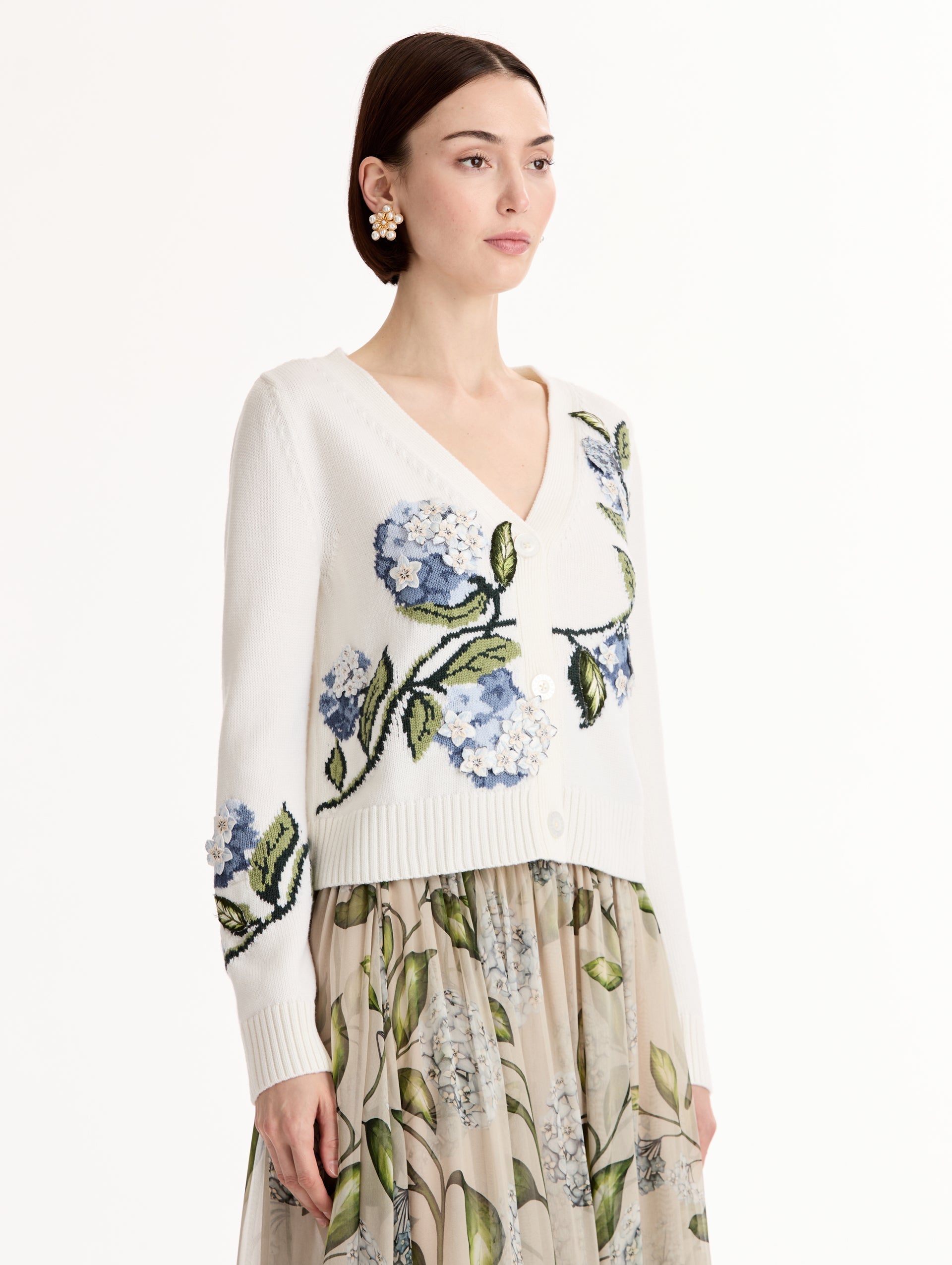 Porcelain Flower Jacquard Cardigan Ivory / Oscar de la Renta