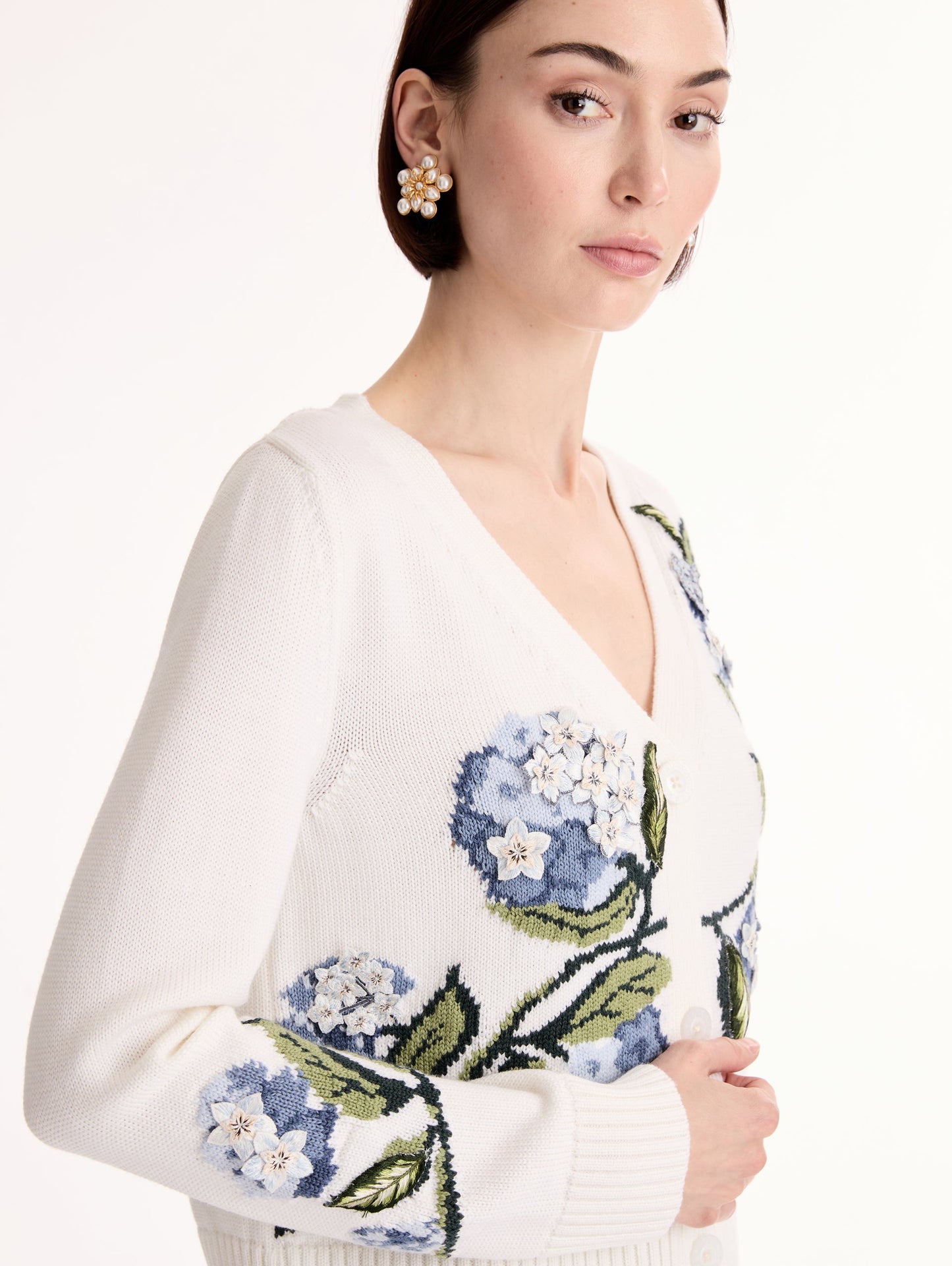 Porcelain Flower Jacquard Cardigan Ivory / Oscar de la Renta
