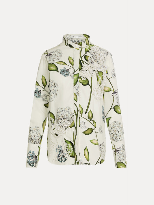 Porcelain Flower Cotton Poplin Blouse Denim/white / Oscar de la Renta
