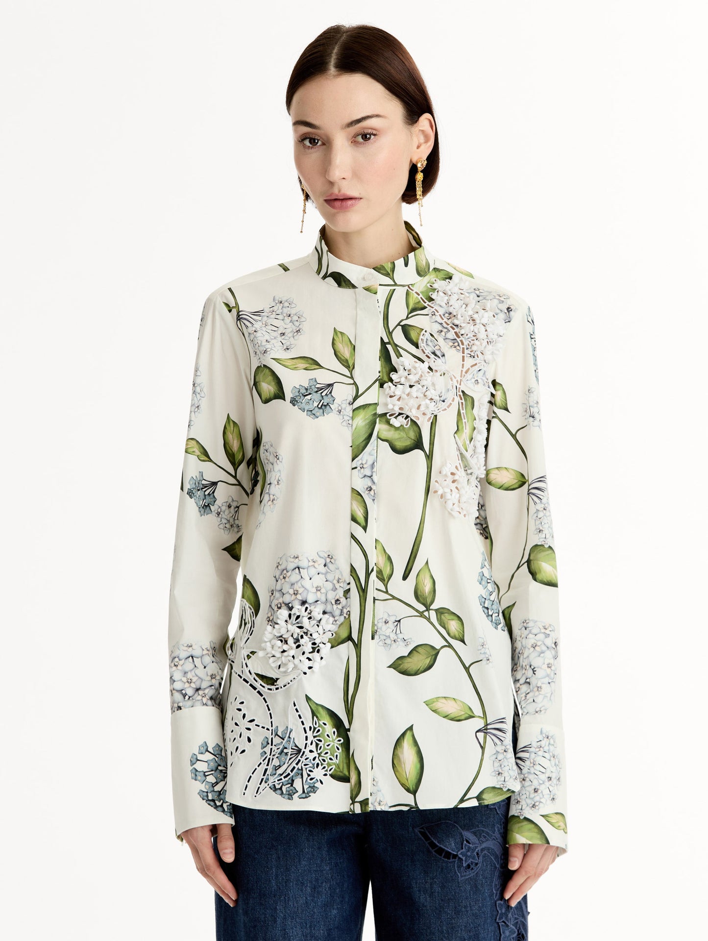 Porcelain Flower Cotton Poplin Blouse Denim/white / Oscar de la Renta