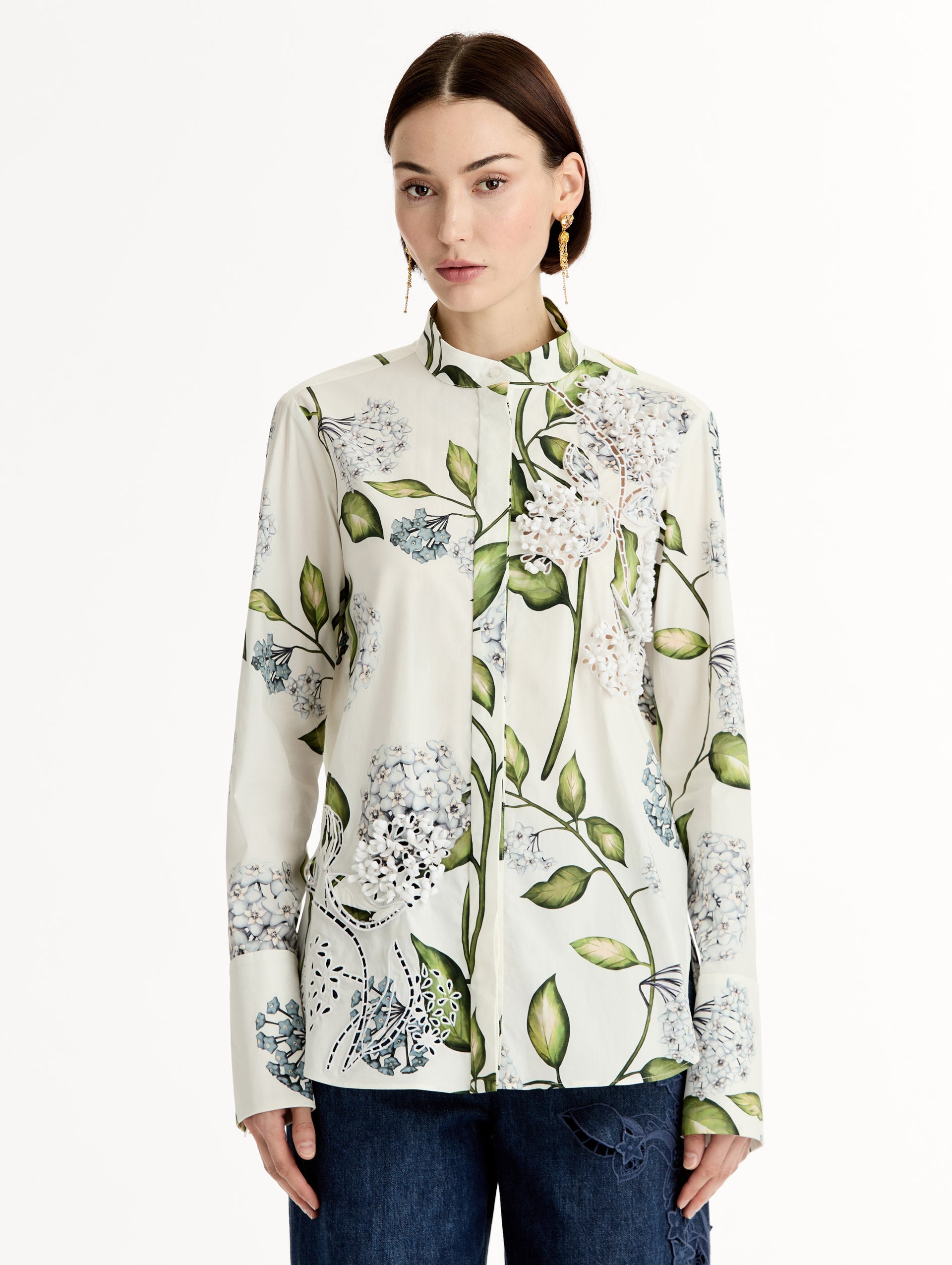Porcelain Flower Cotton Poplin Blouse Denim/white / Oscar de la Renta