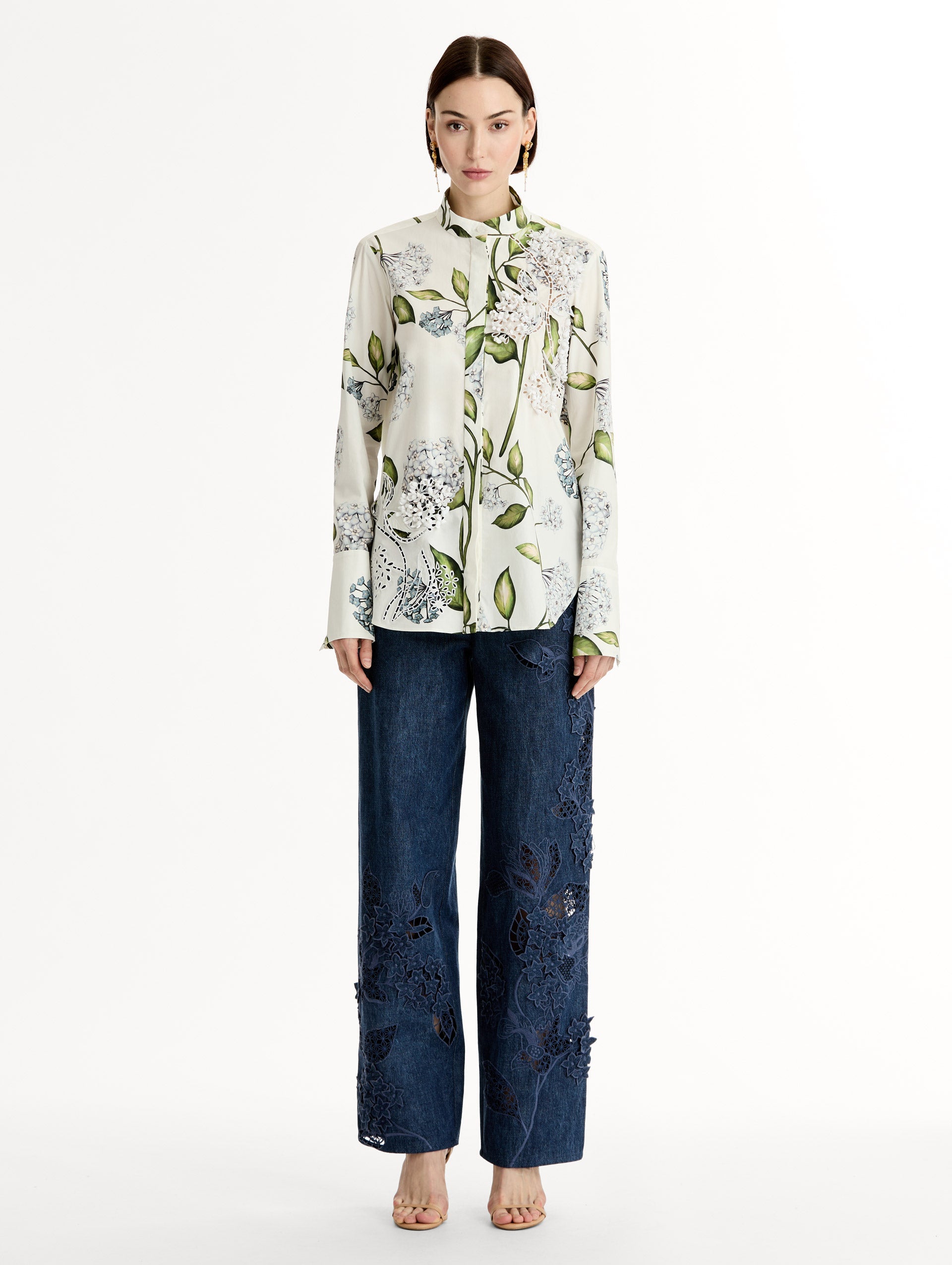 Porcelain Flower Cotton Poplin Blouse Denim/white / Oscar de la Renta