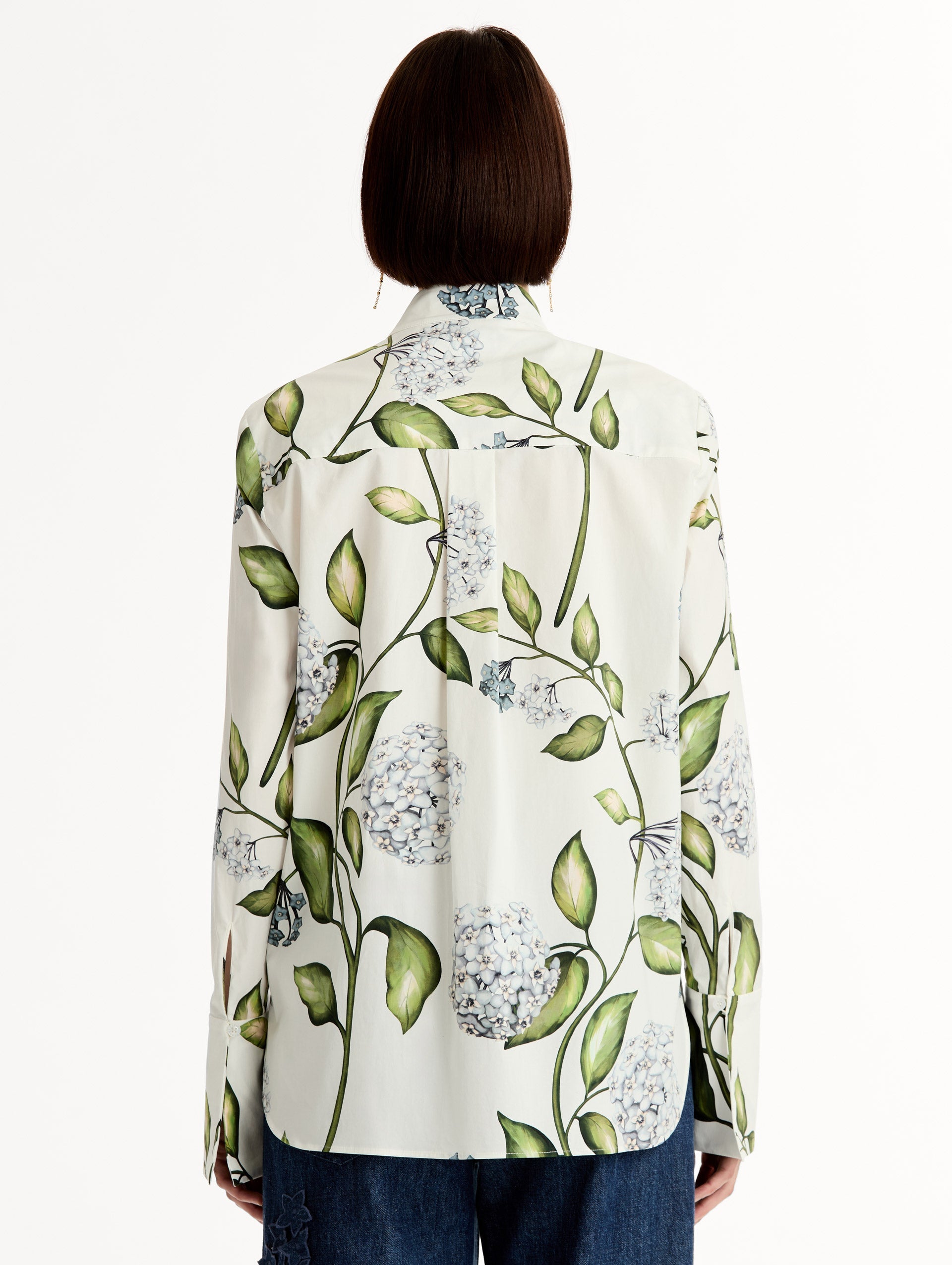 Porcelain Flower Cotton Poplin Blouse Denim/white / Oscar de la Renta