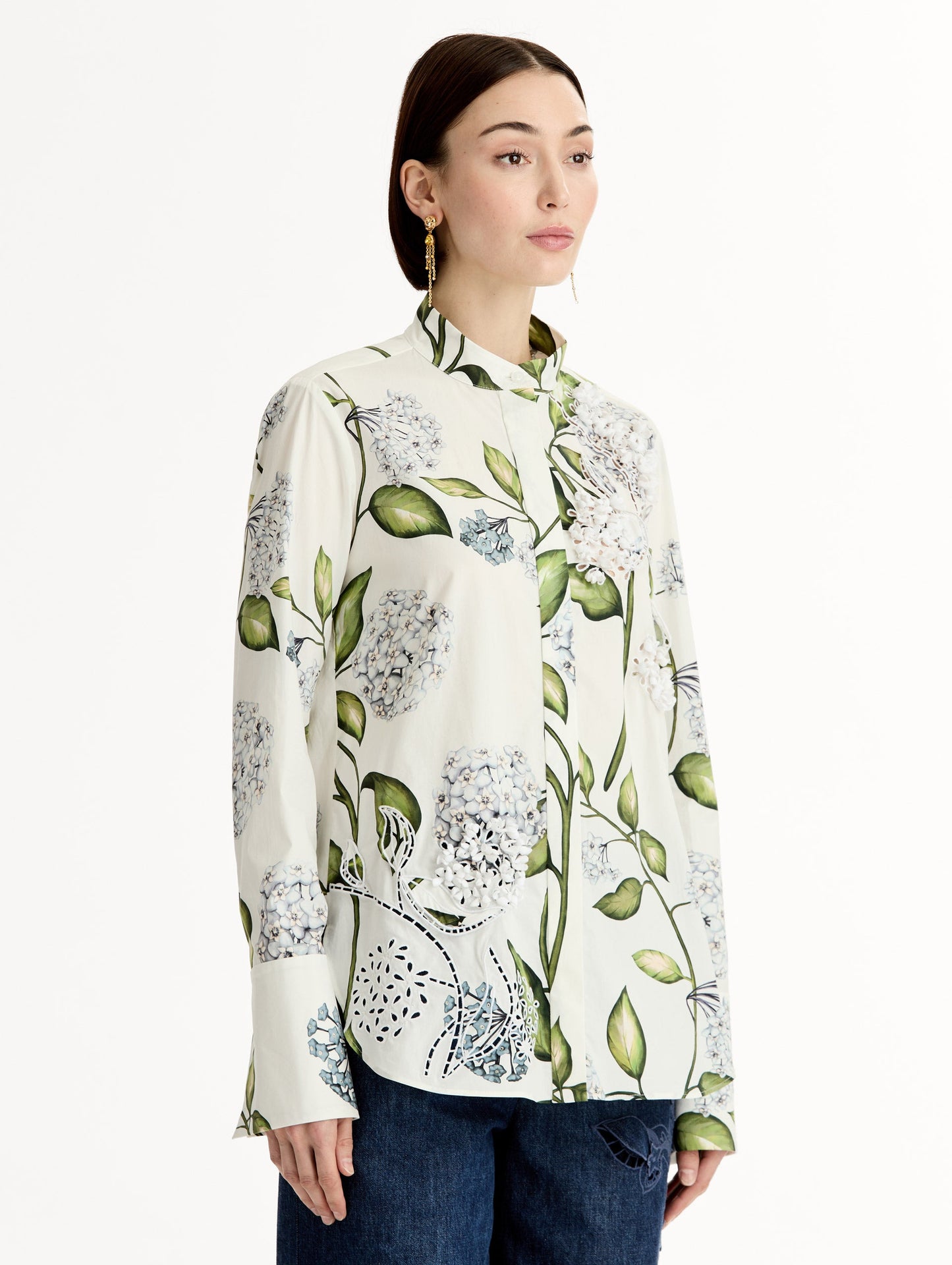Porcelain Flower Cotton Poplin Blouse Denim/white / Oscar de la Renta