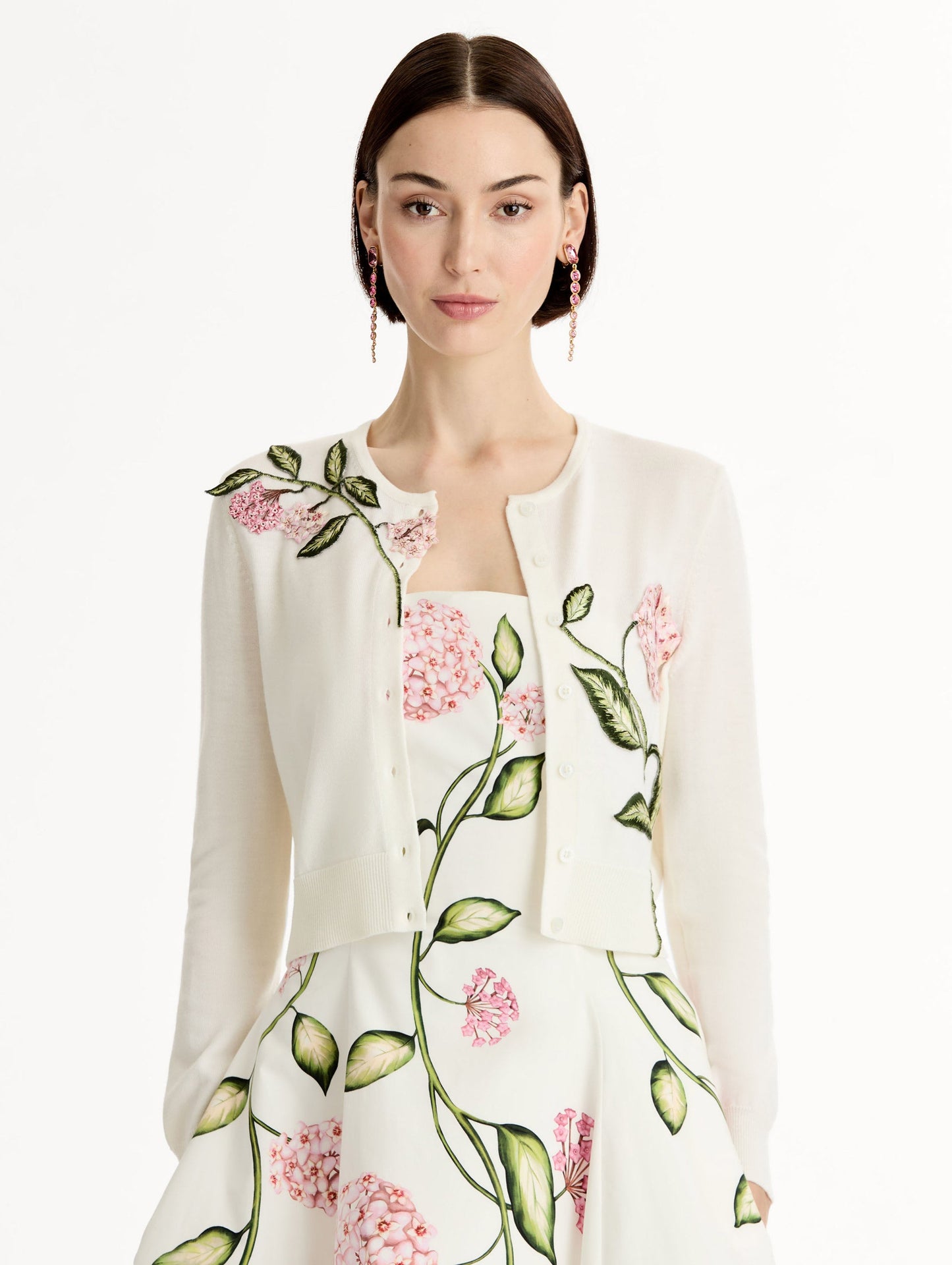 Porcelain Flower Threadwork Cropped Cardigan Ivory / Oscar de la Renta