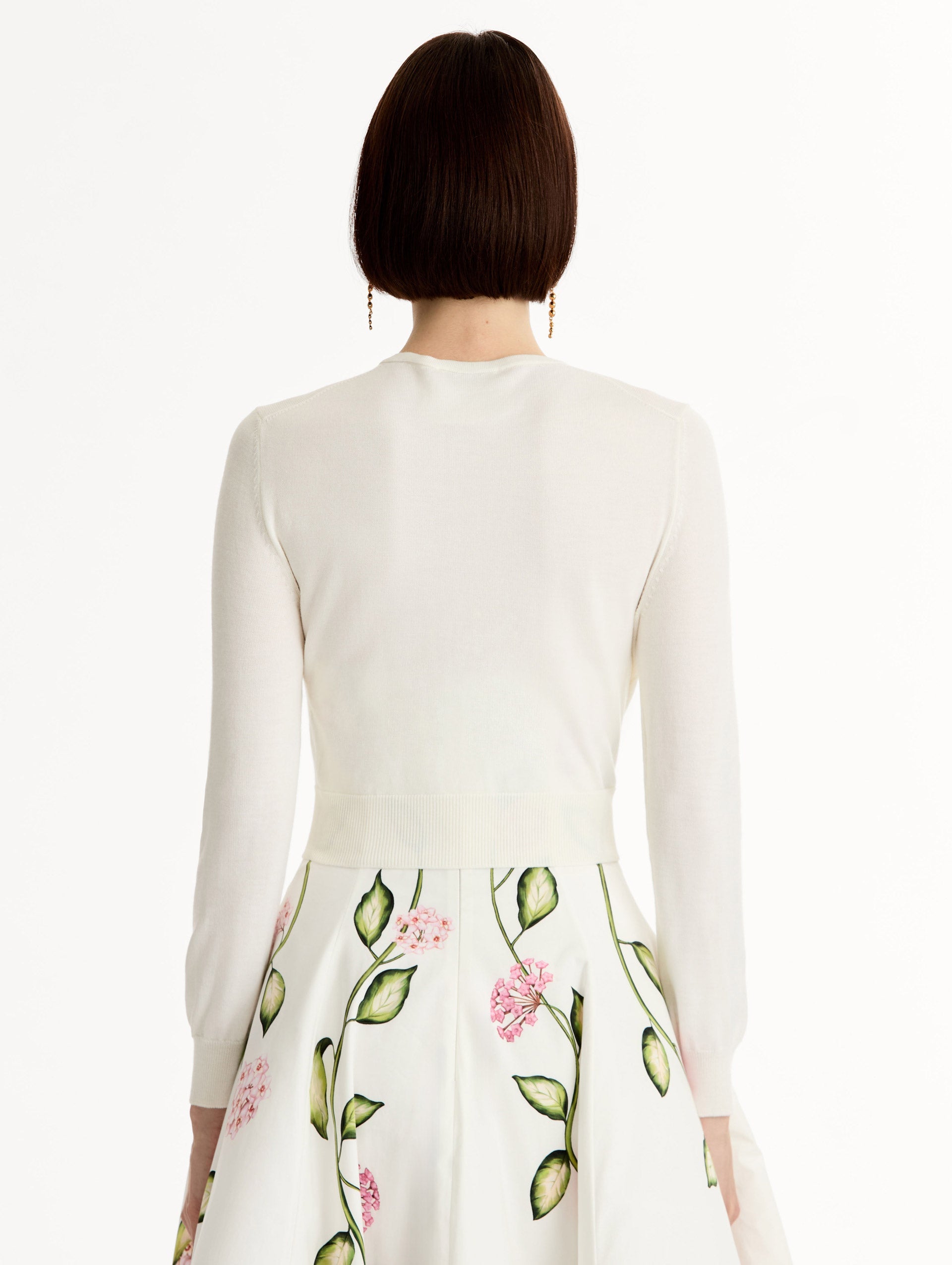 Porcelain Flower Threadwork Cropped Cardigan Ivory / Oscar de la Renta