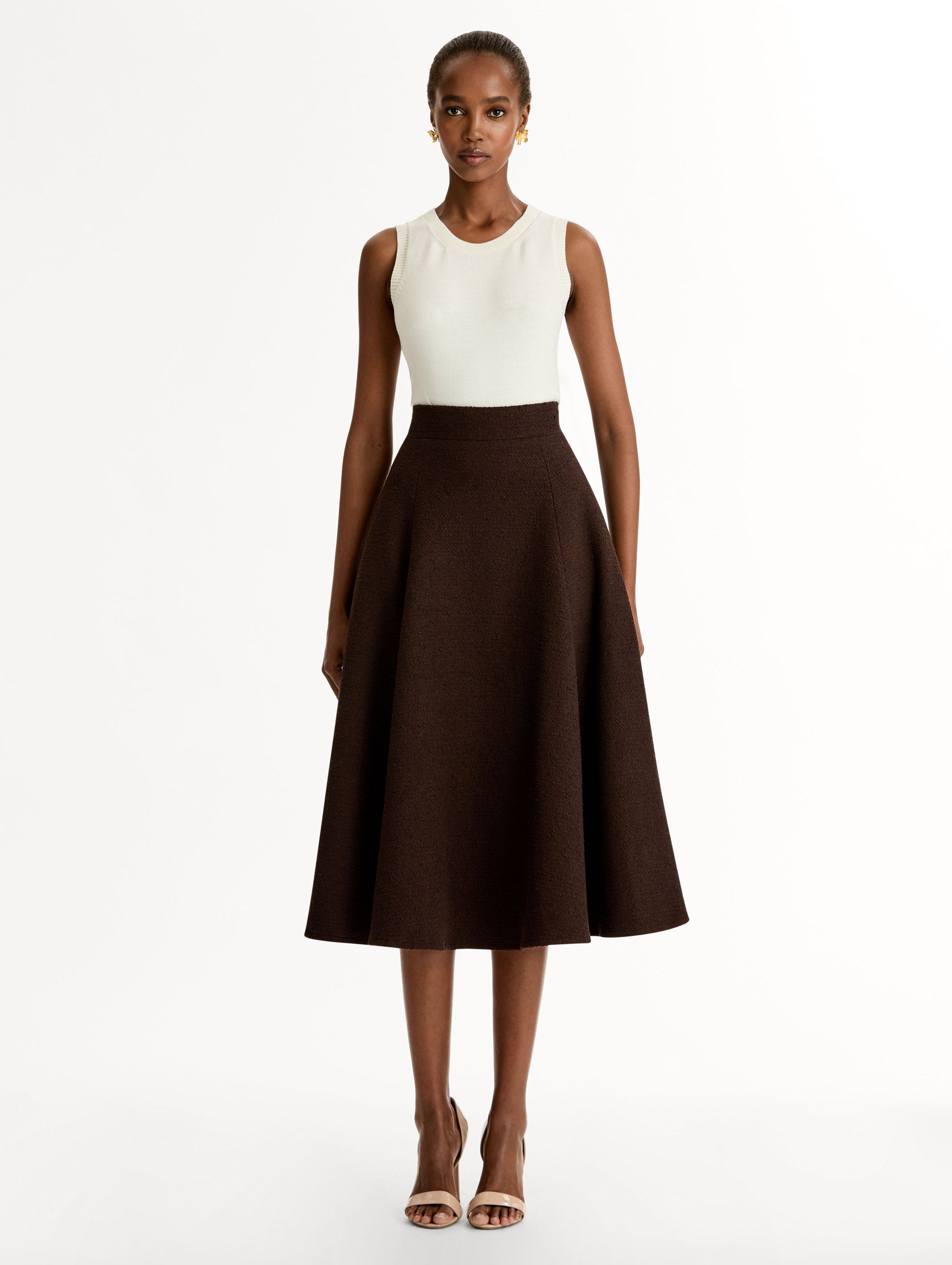 Wool Tweed Pleated Skirt Mahogany / Oscar de la Renta