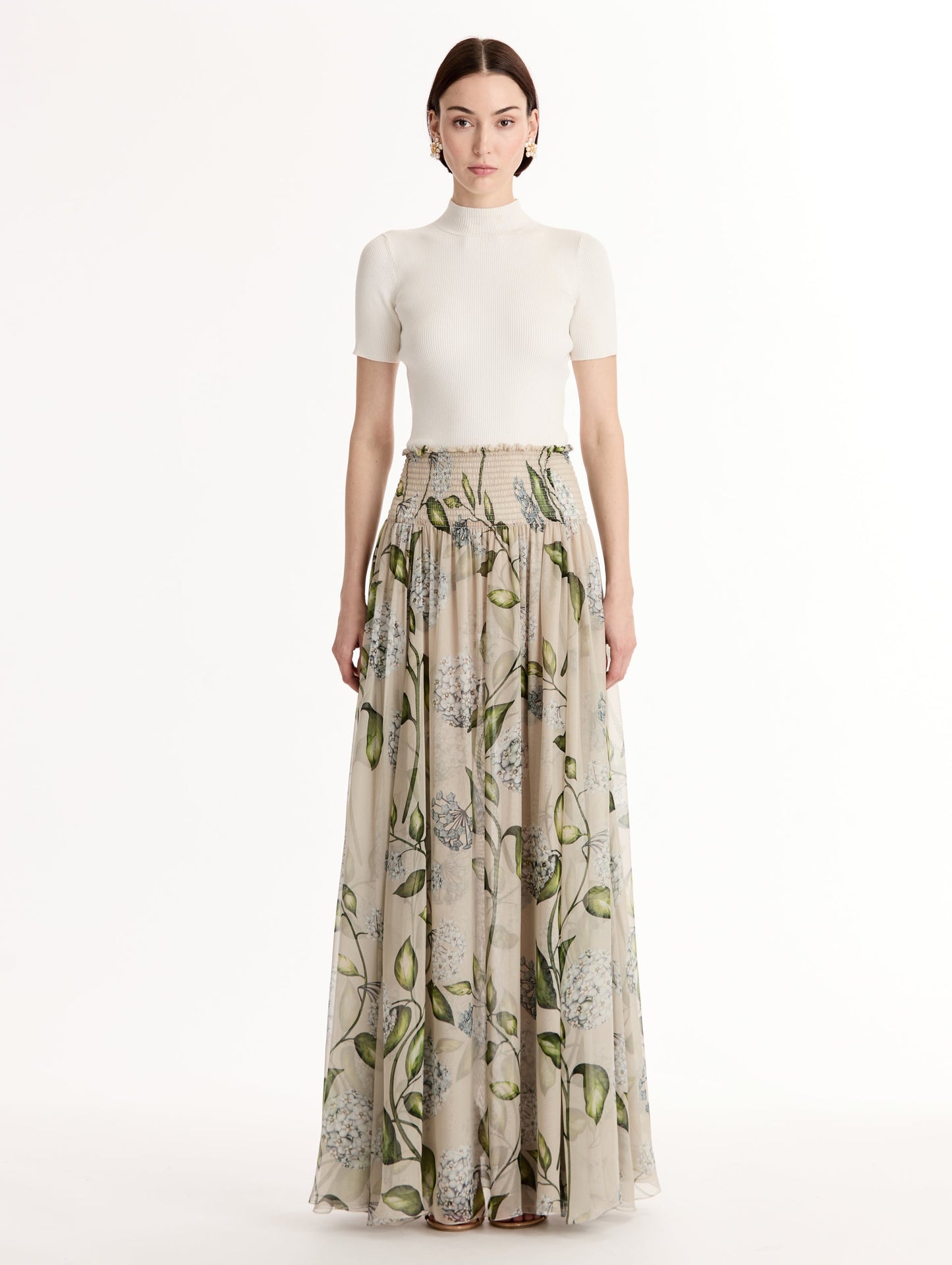 Porcelain Flower Chiffon Maxi Skirt Denim/oatmeal / Oscar de la Renta