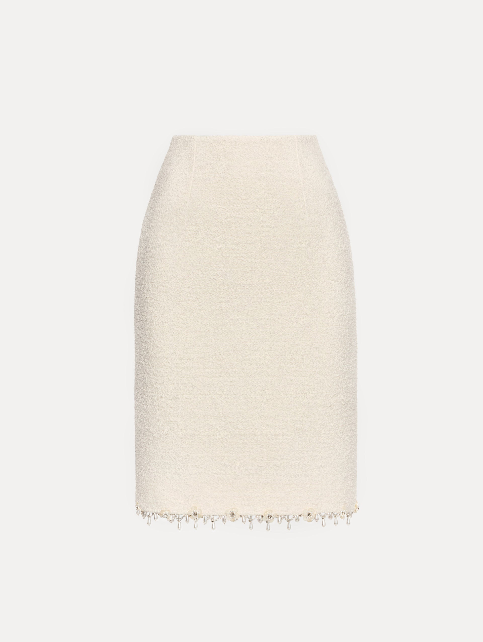 Floral Jeweled Fringe Tweed Skirt Ivory / Oscar de la Renta