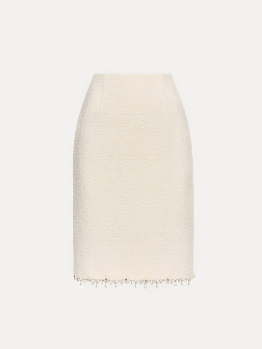 Floral Jeweled Fringe Tweed Skirt Ivory / Oscar de la Renta