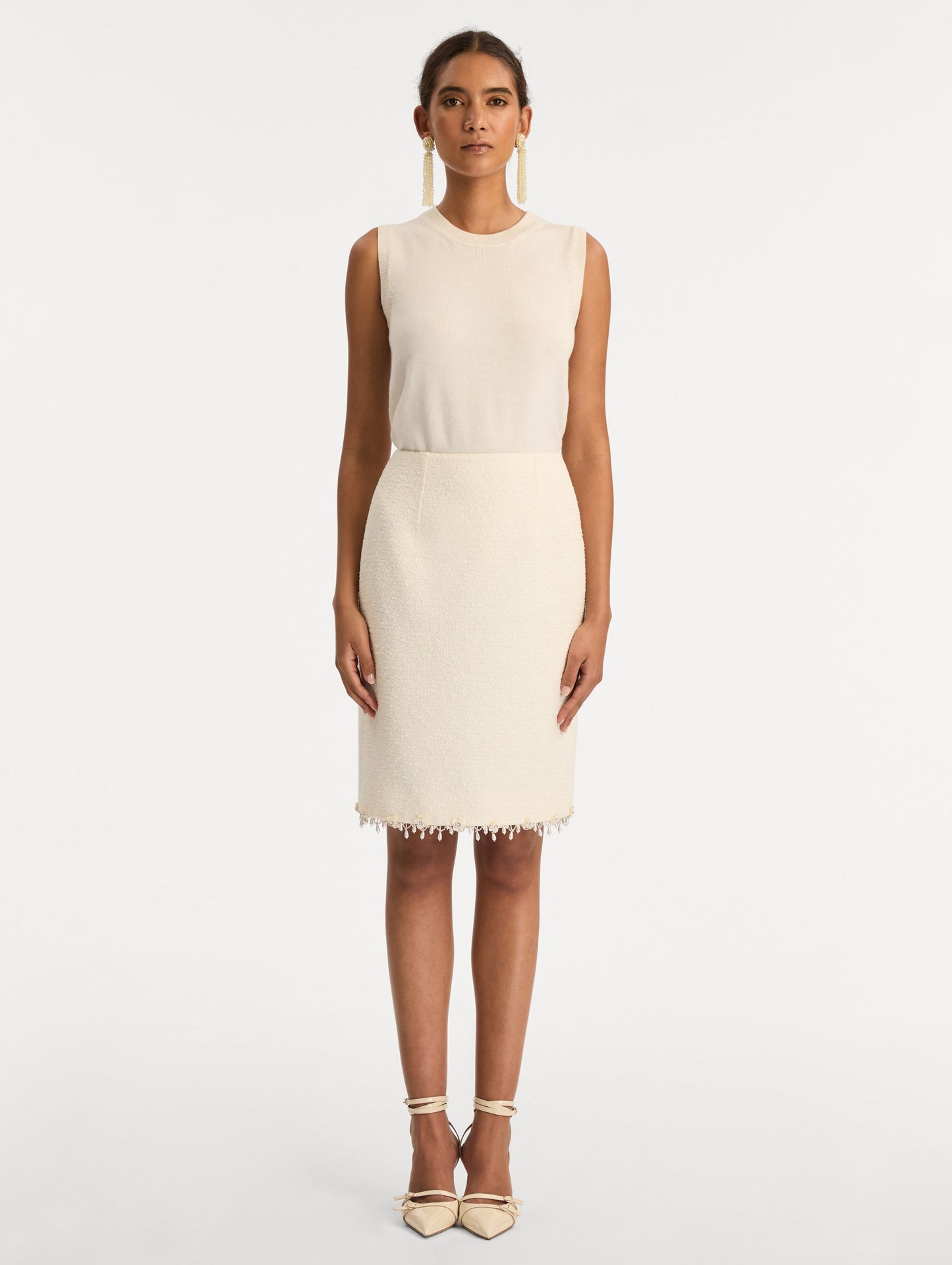 Floral Jeweled Fringe Tweed Skirt Ivory / Oscar de la Renta