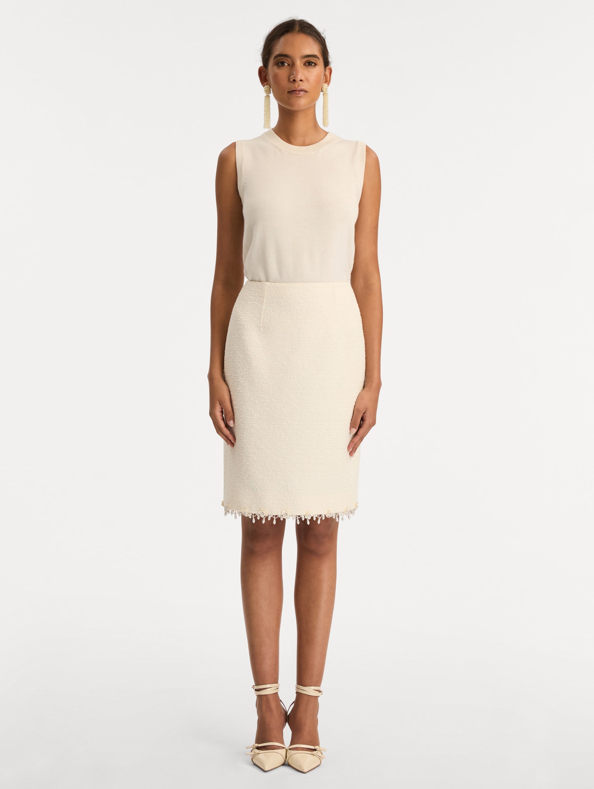 Floral Jeweled Fringe Tweed Skirt Ivory / Oscar de la Renta