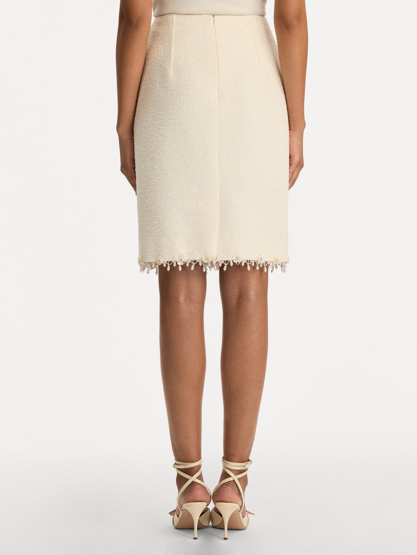Floral Jeweled Fringe Tweed Skirt Ivory / Oscar de la Renta