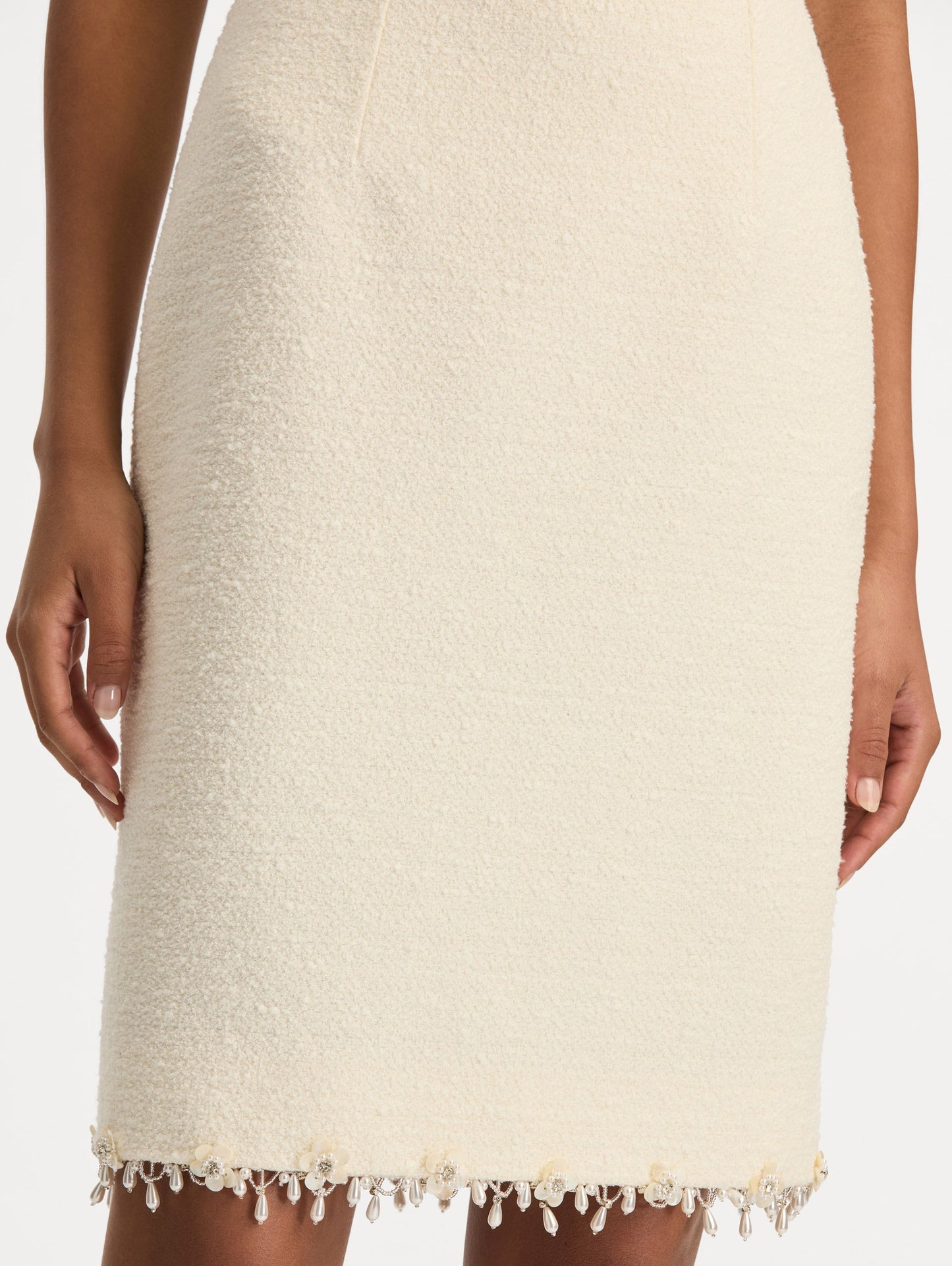 Floral Jeweled Fringe Tweed Skirt Ivory / Oscar de la Renta