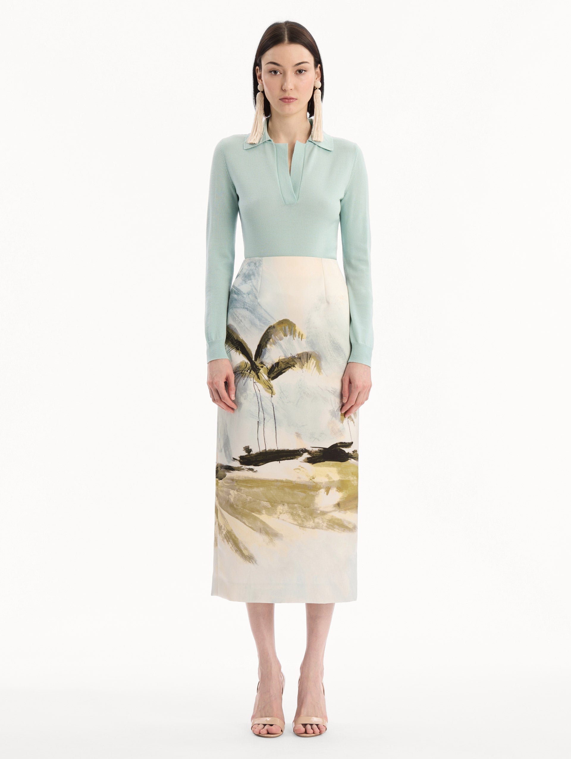 Dominican Landscape Pencil Skirt Blue green multi / Oscar de la Renta