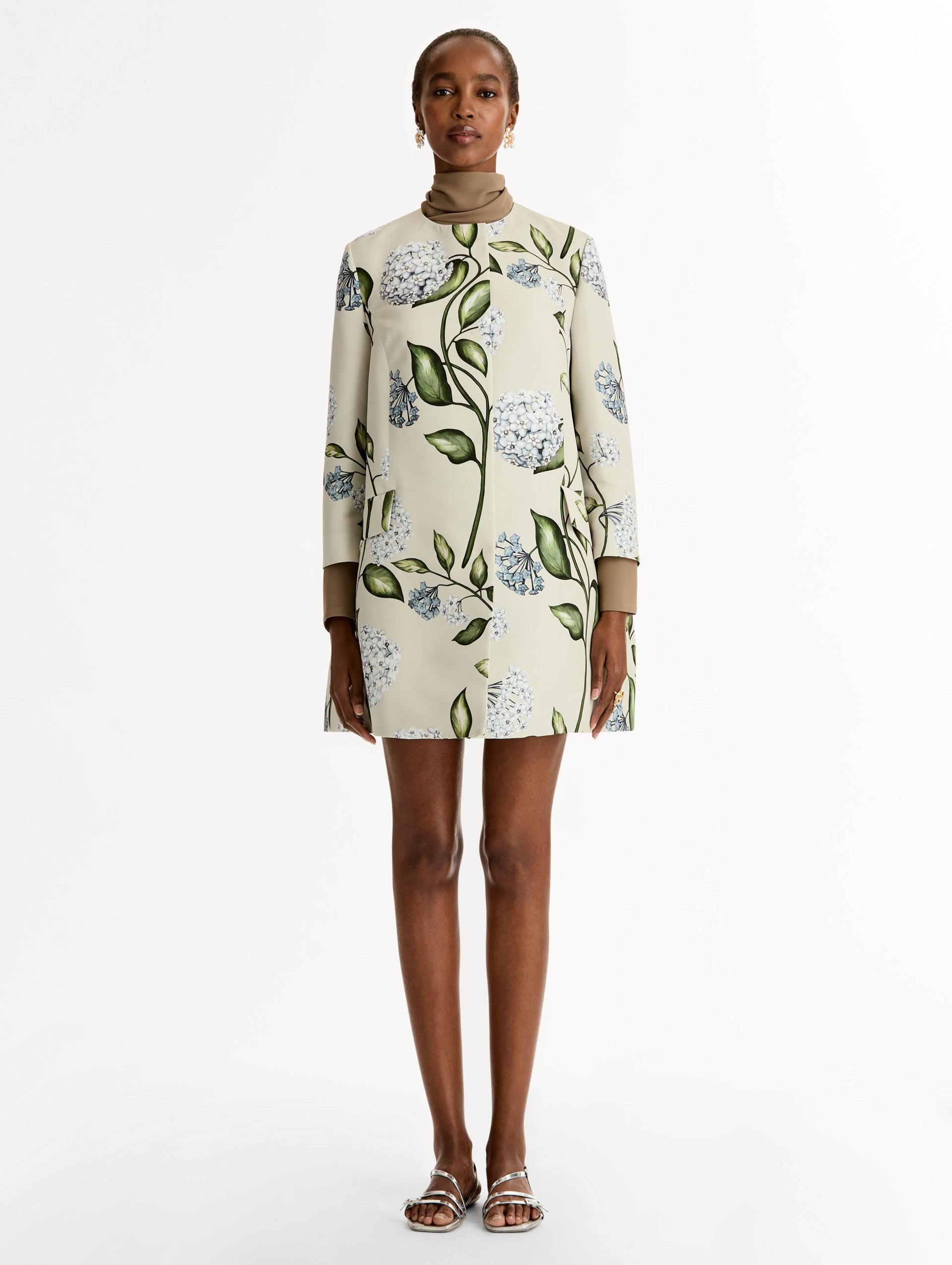 Porcelain Flower Faille Coat Denim/oatmeal / Oscar de la Renta