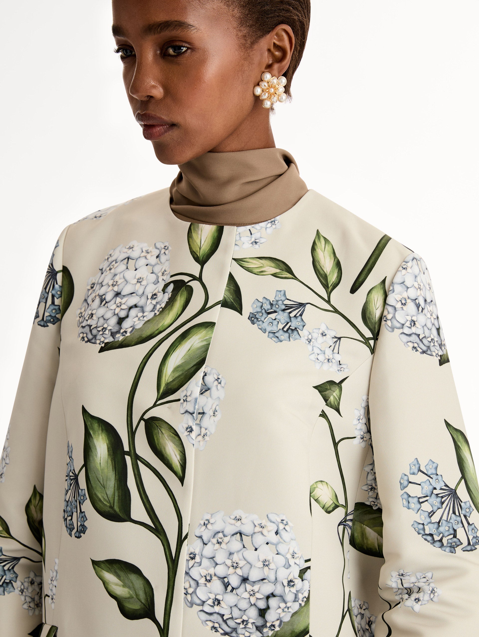 Porcelain Flower Faille Coat Denim/oatmeal / Oscar de la Renta