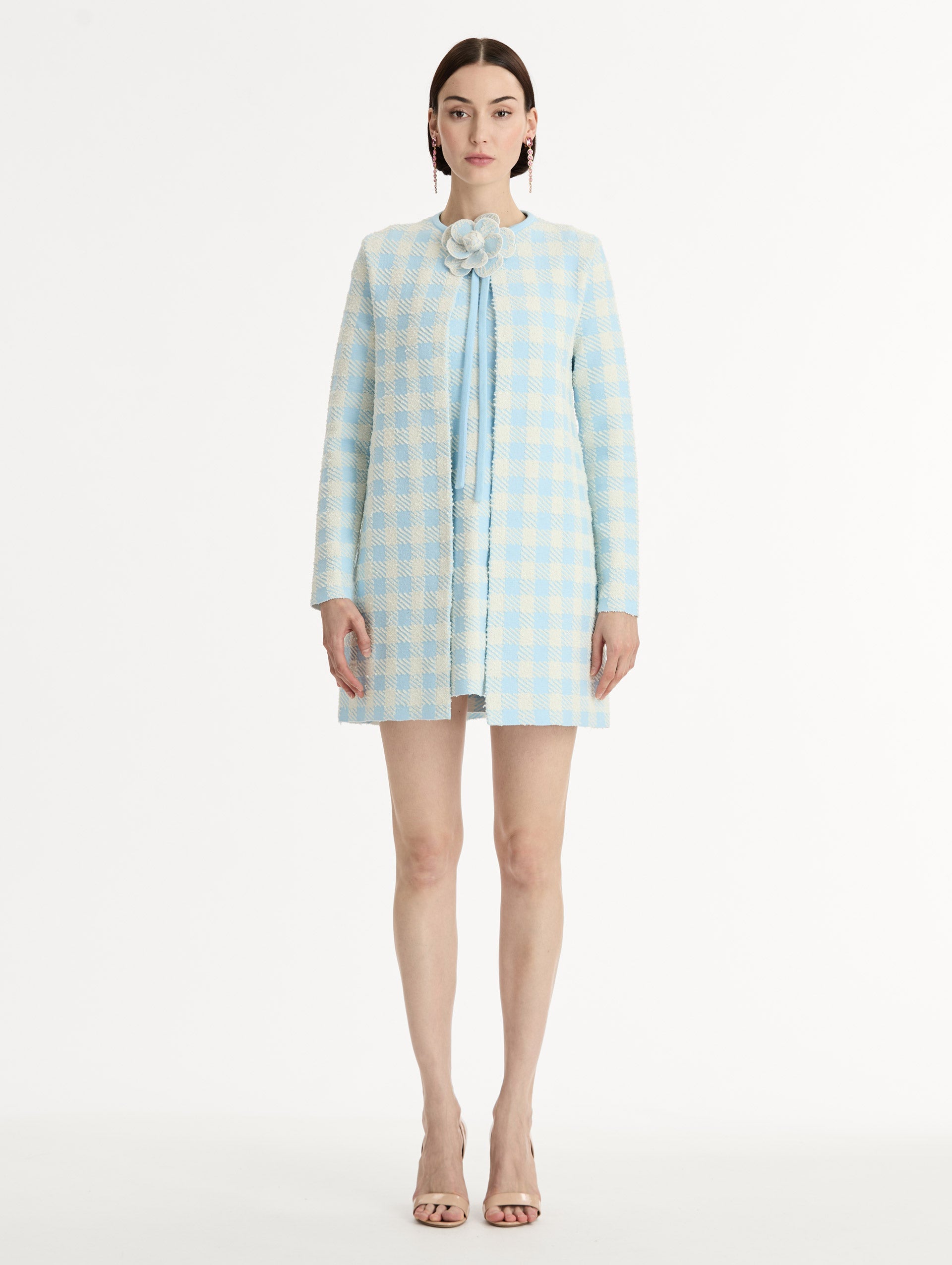Gingham Coat with Floral Appliqué Ice/white / Oscar de la Renta