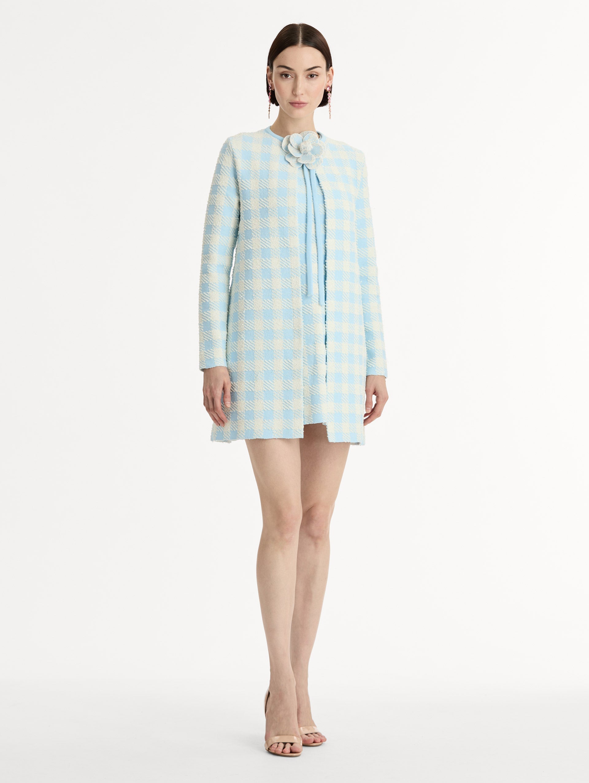 Gingham Coat with Floral Appliqué Ice/white / Oscar de la Renta