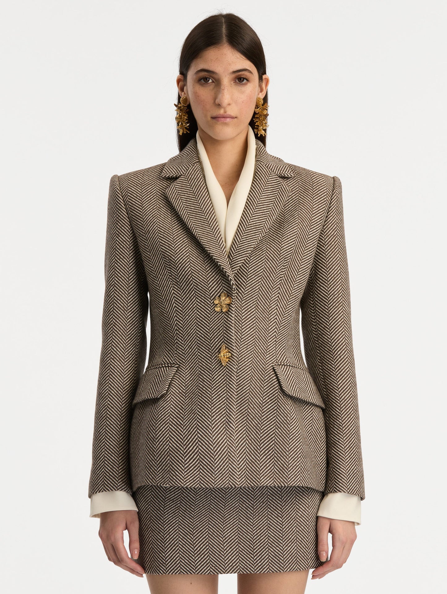 Chevron Cashmere-Blend Jacket Walnut/natural / Oscar de la Renta