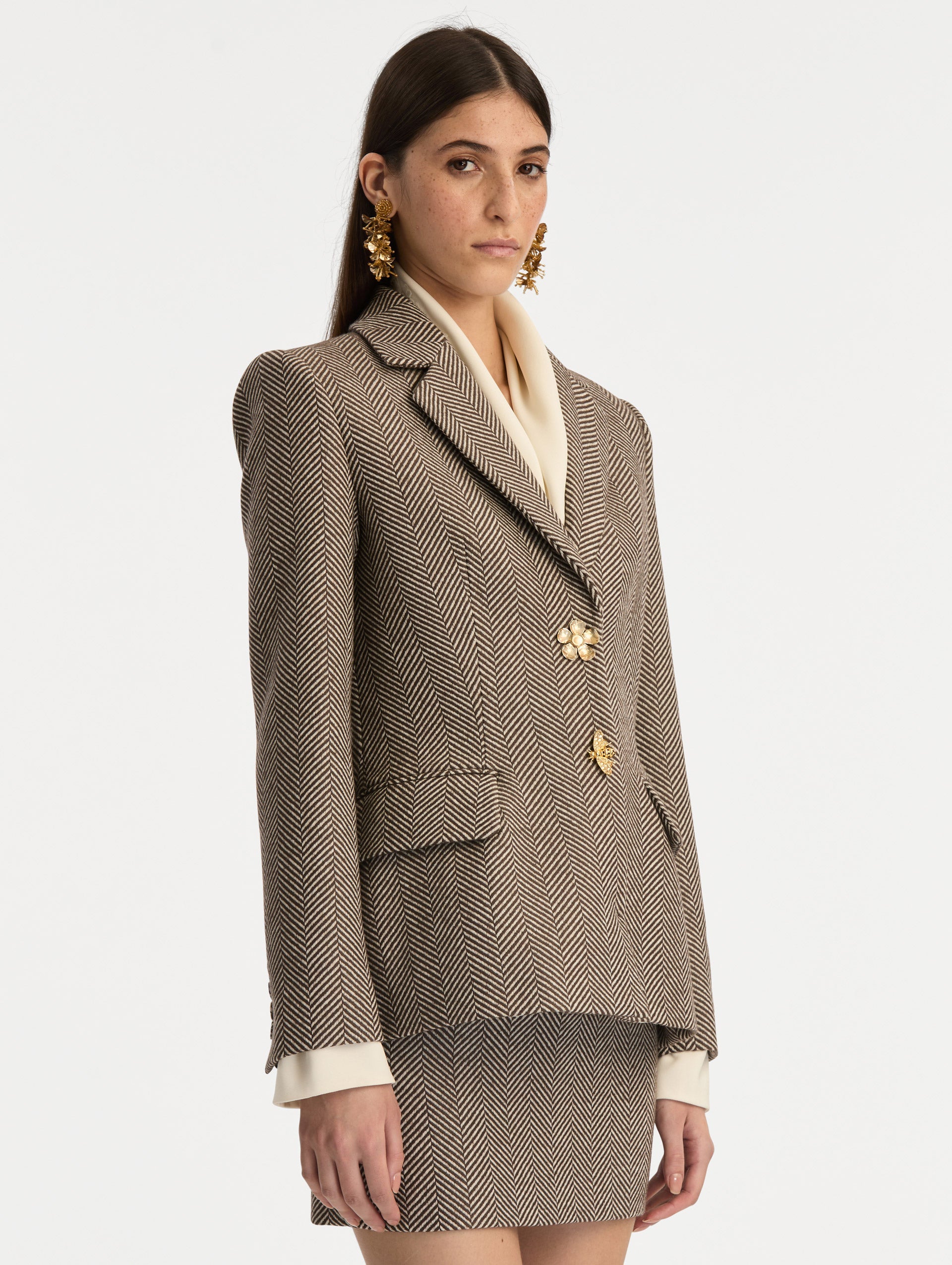 Chevron Cashmere-Blend Jacket Walnut/natural / Oscar de la Renta