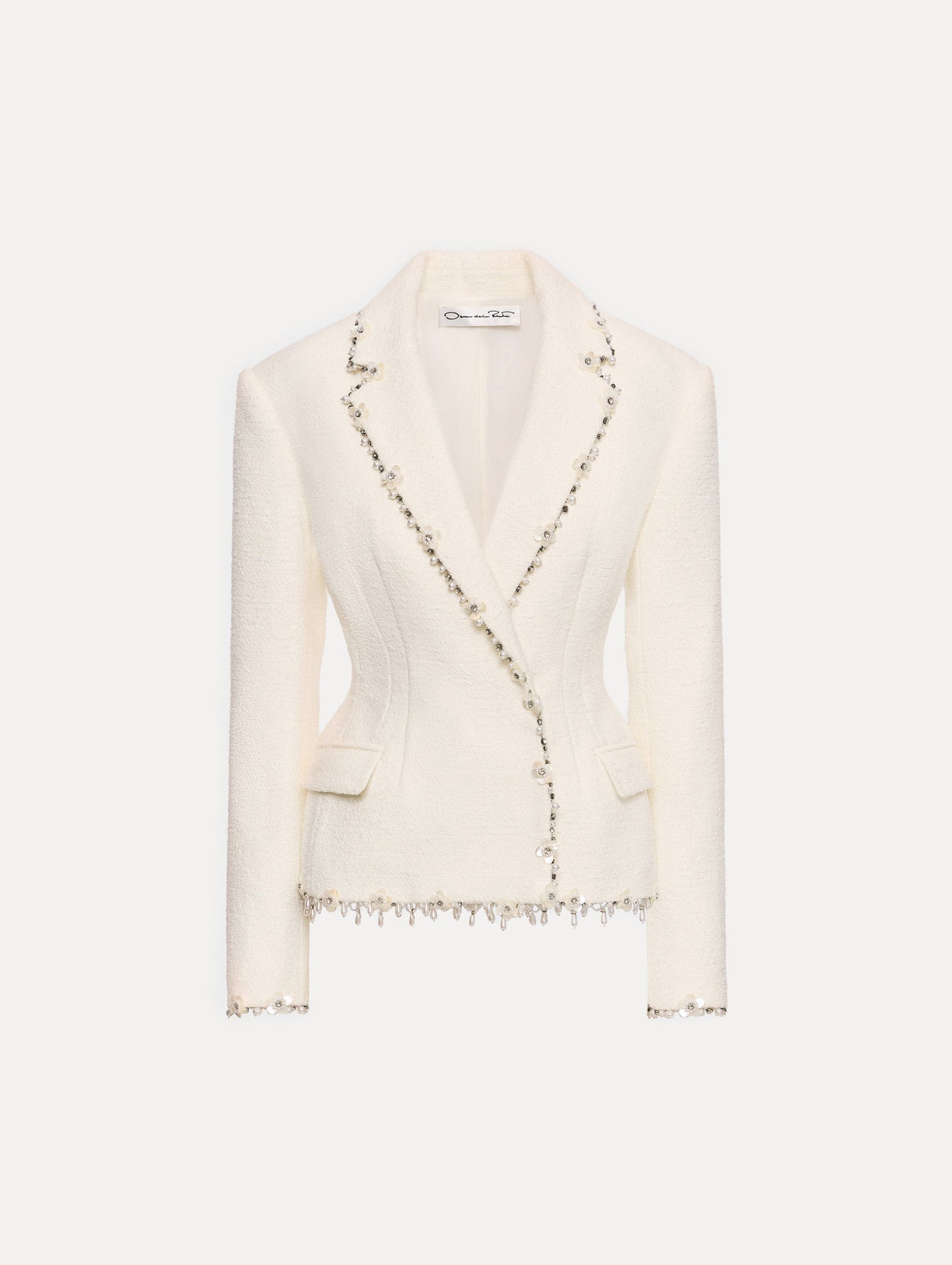 Floral Jeweled Fringe Tweed Jacket Ivory / Oscar de la Renta