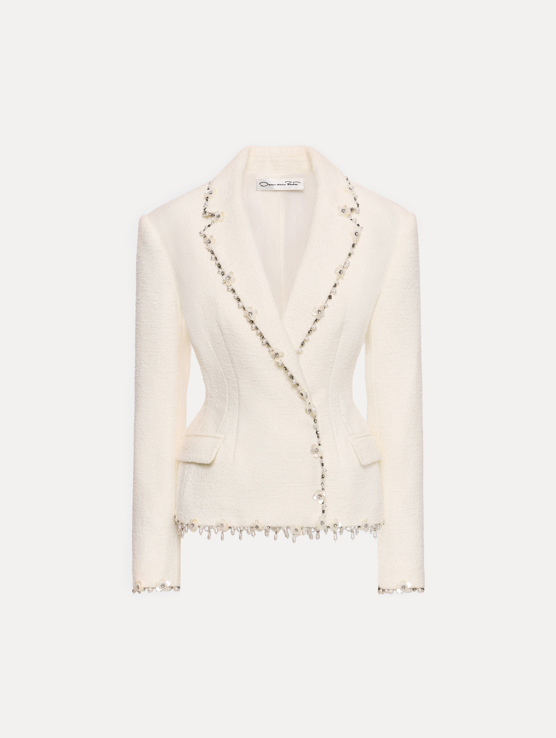 Floral Jeweled Fringe Tweed Jacket Ivory / Oscar de la Renta