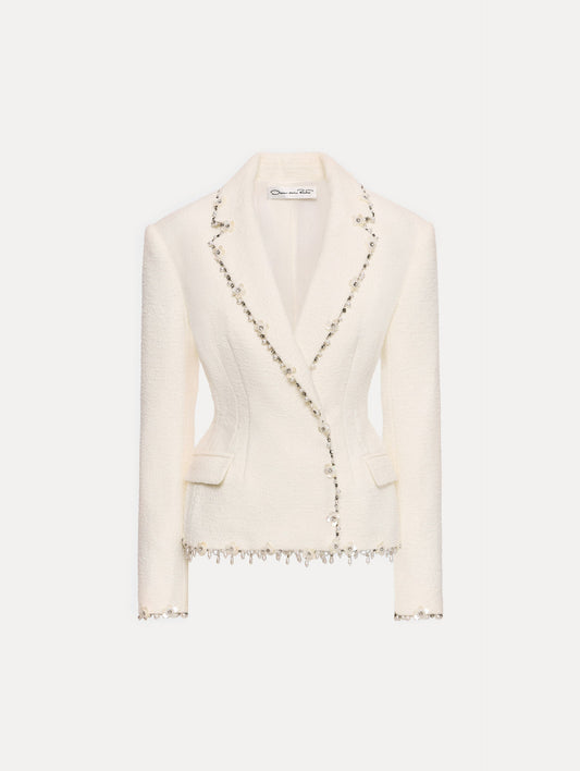 Floral Jeweled Fringe Tweed Jacket Ivory / Oscar de la Renta