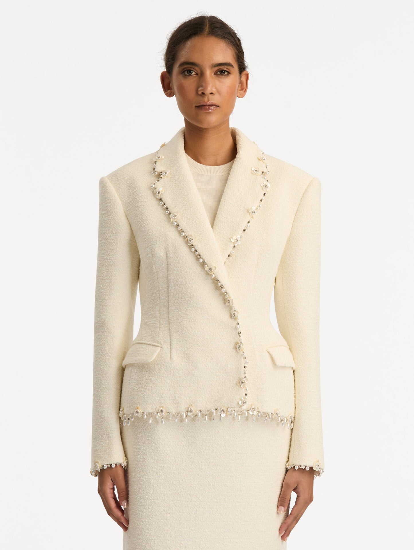 Floral Jeweled Fringe Tweed Jacket Ivory / Oscar de la Renta