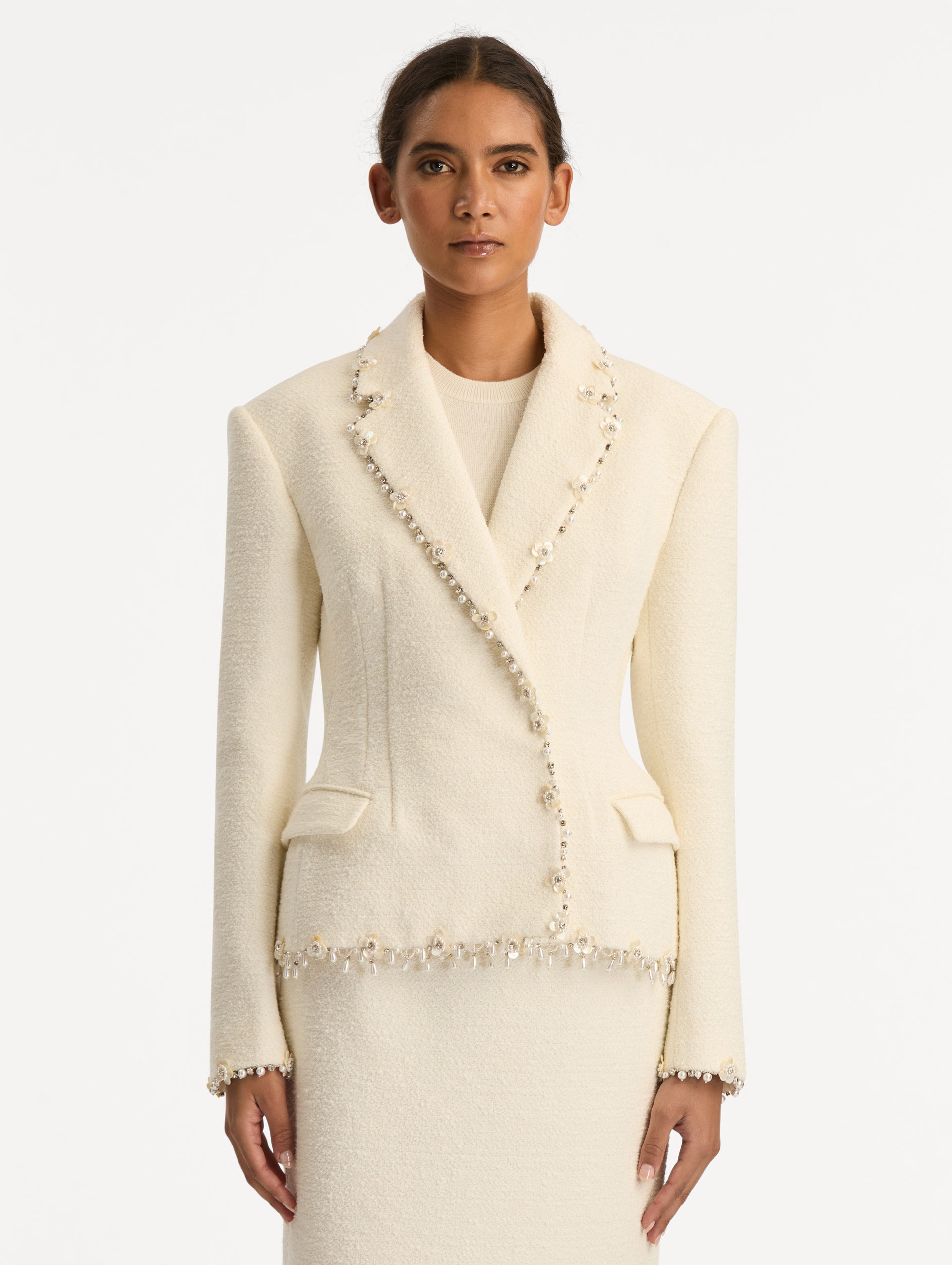 Floral Jeweled Fringe Tweed Jacket Ivory / Oscar de la Renta