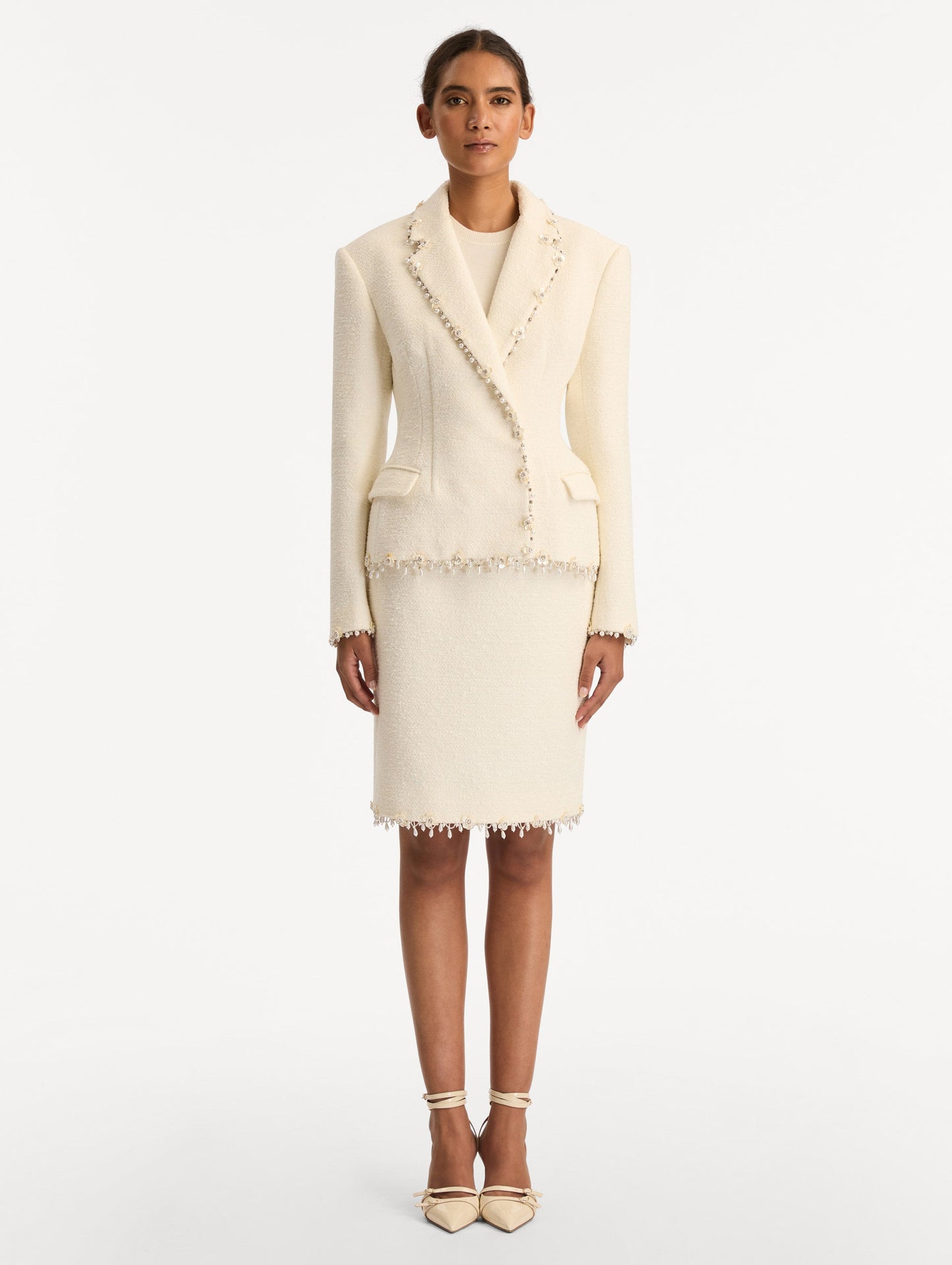 Floral Jeweled Fringe Tweed Jacket Ivory / Oscar de la Renta