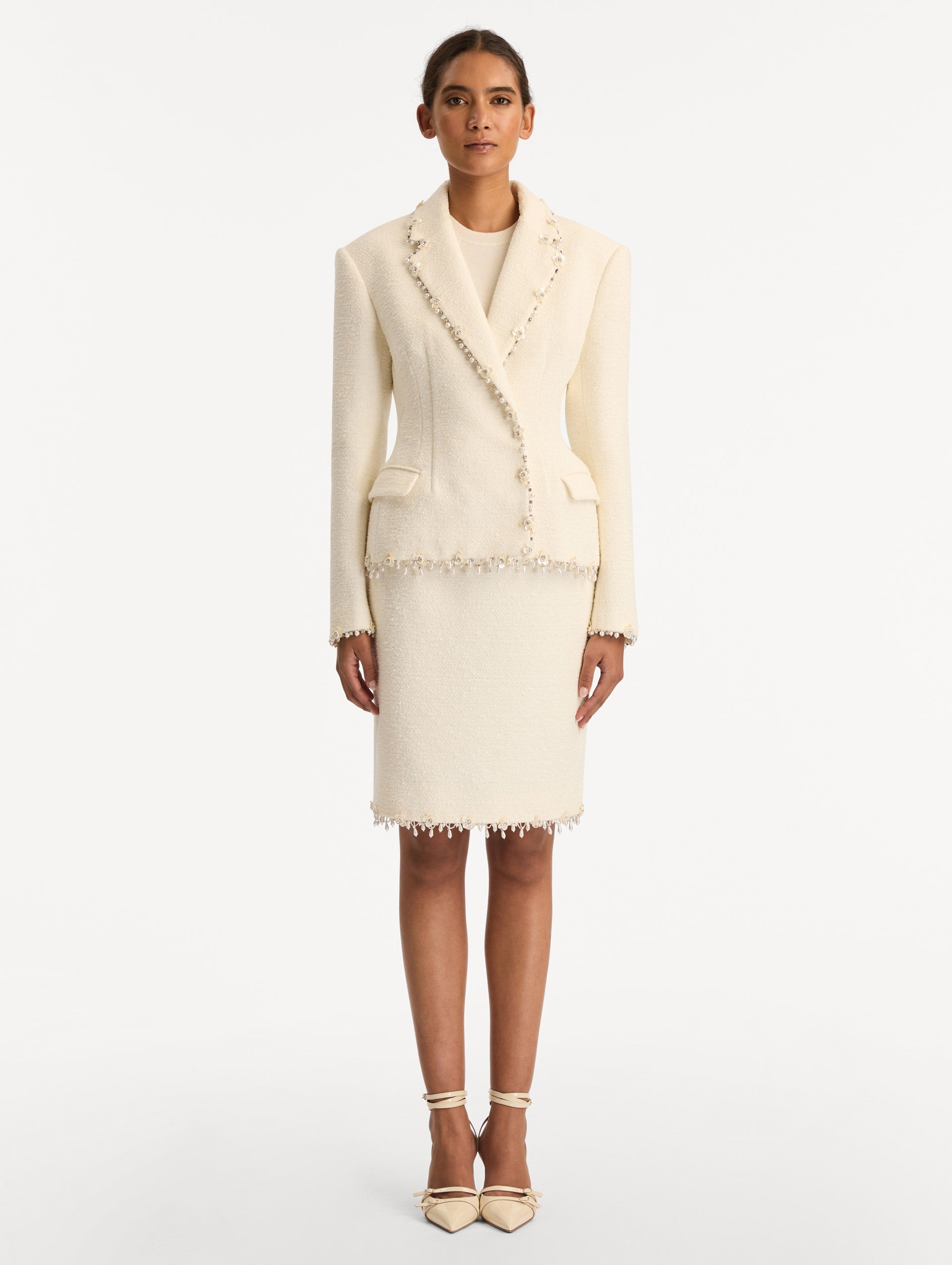 Floral Jeweled Fringe Tweed Jacket Ivory / Oscar de la Renta