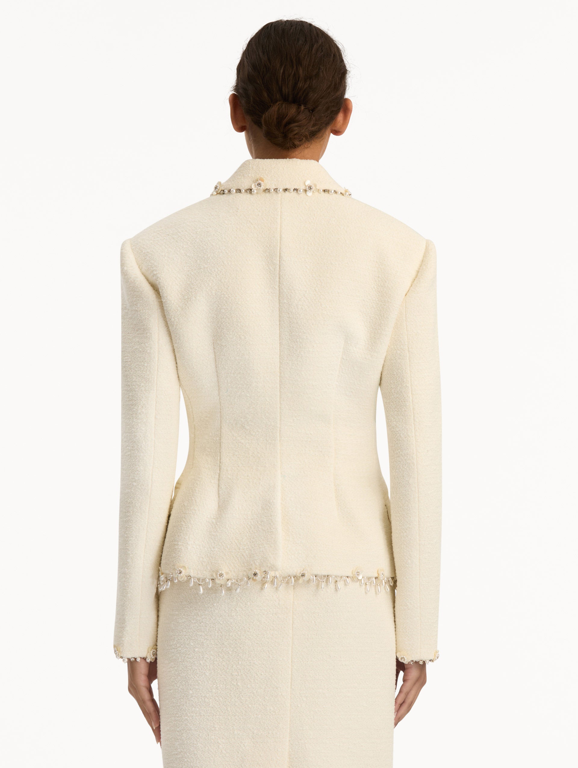 Floral Jeweled Fringe Tweed Jacket Ivory / Oscar de la Renta