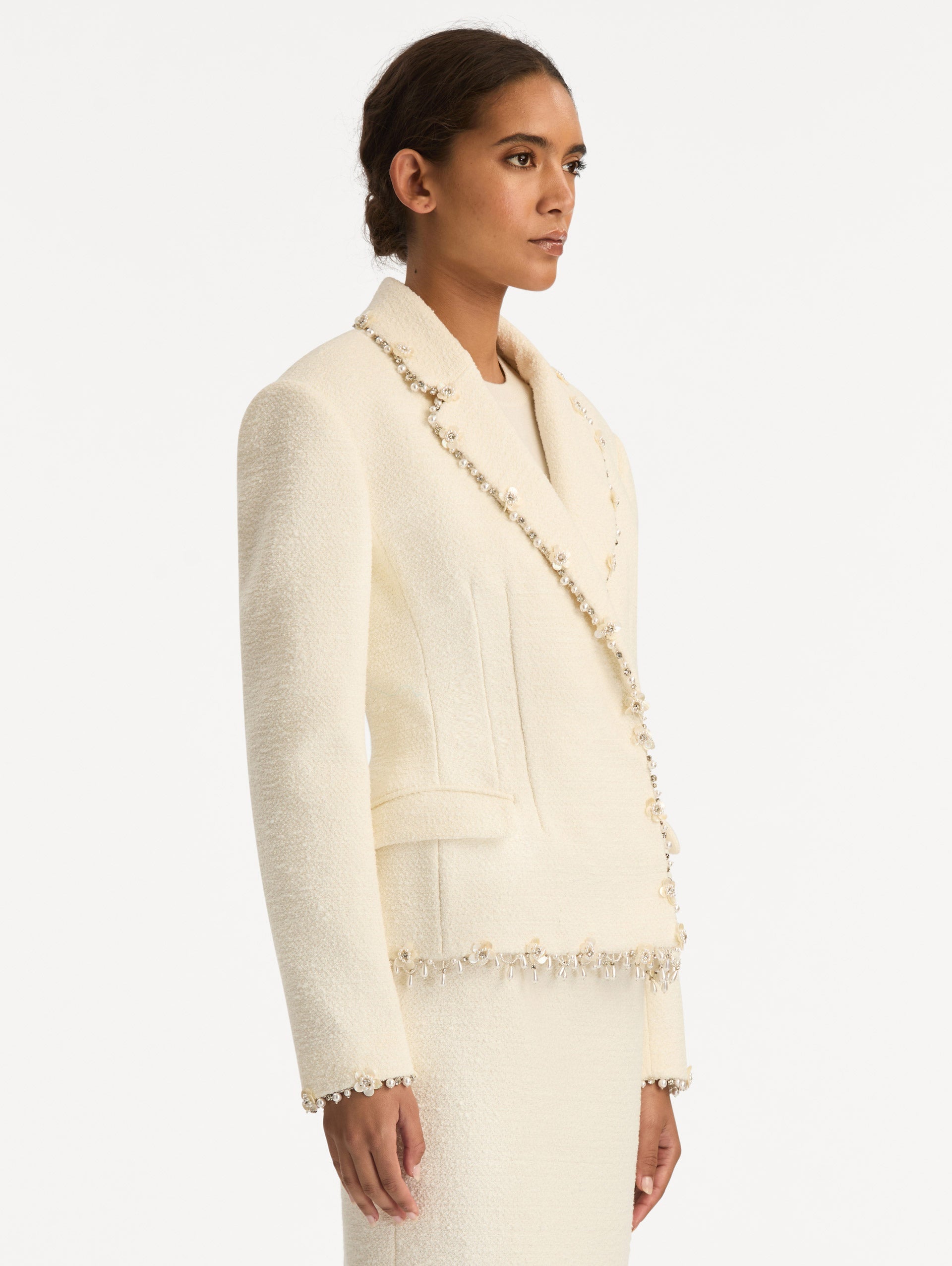 Floral Jeweled Fringe Tweed Jacket Ivory / Oscar de la Renta