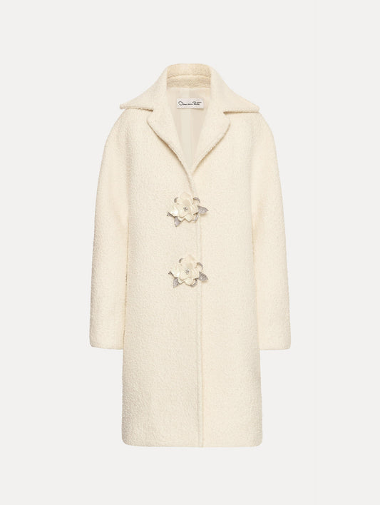 Floral Button Bouclé Tweed Coat Ivory / Oscar de la Renta