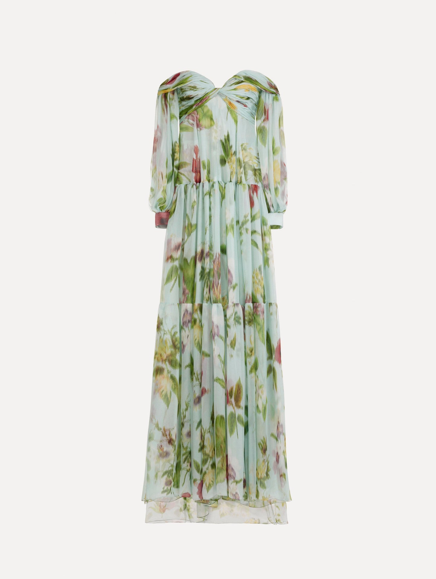 Chiné Dominican Mixed-Floral Chiffon Sweetheart Gown Saltwater multi / Oscar de la Renta