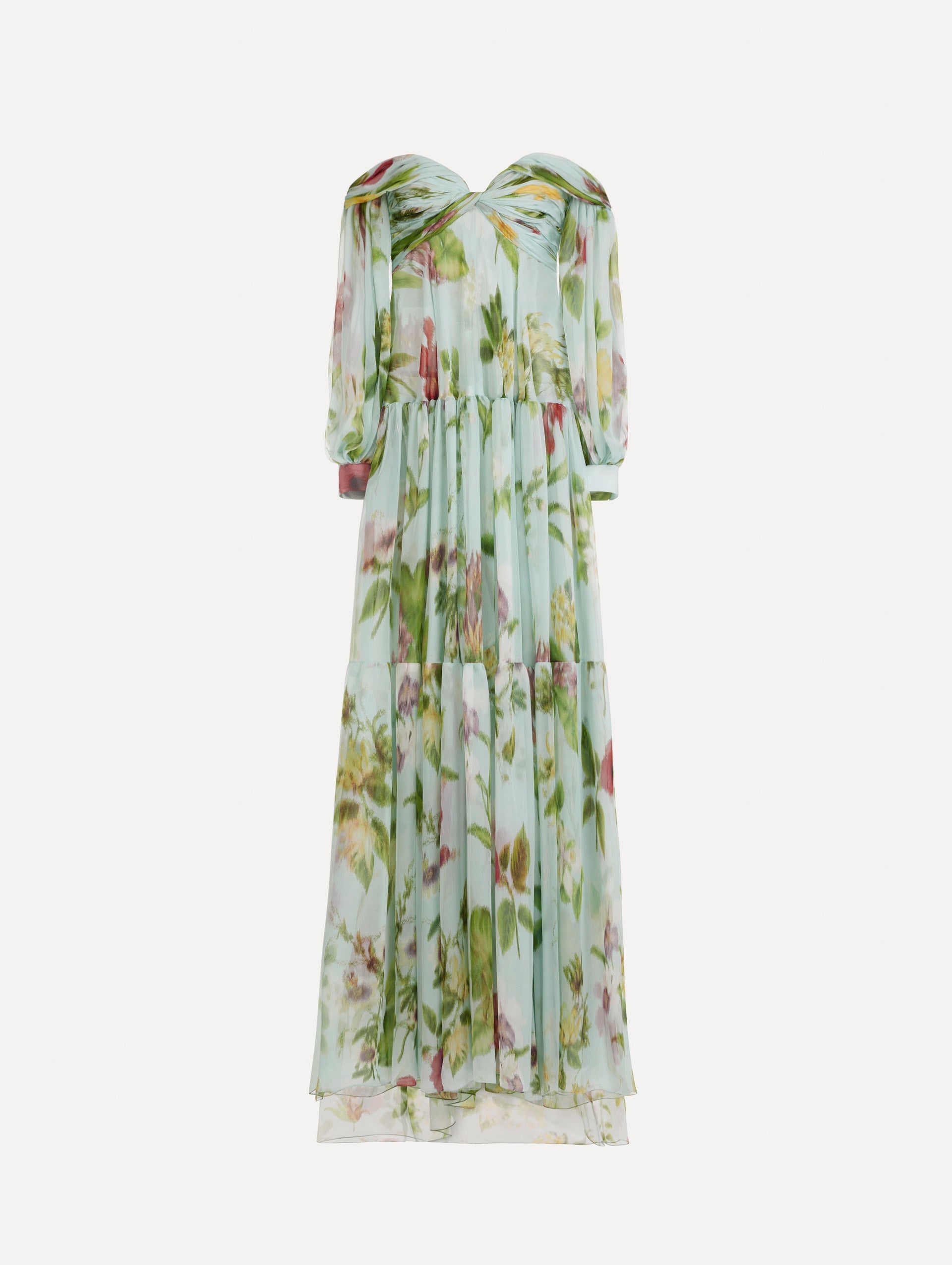Chiné Dominican Mixed-Floral Chiffon Sweetheart Gown Saltwater multi / Oscar de la Renta