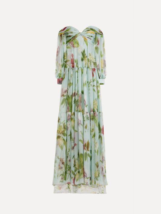 Chiné Dominican Mixed-Floral Chiffon Sweetheart Gown Saltwater multi / Oscar de la Renta