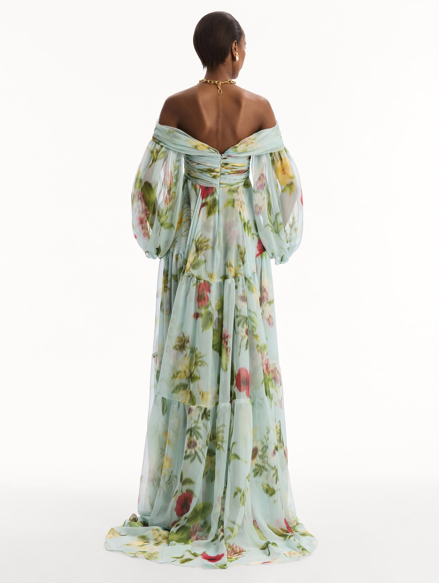 Chiné Dominican Mixed-Floral Chiffon Sweetheart Gown Saltwater multi / Oscar de la Renta