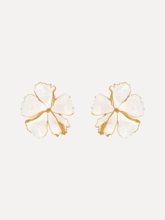 Enamel Hibiscus Clip-On Earrings White / Oscar de la Renta