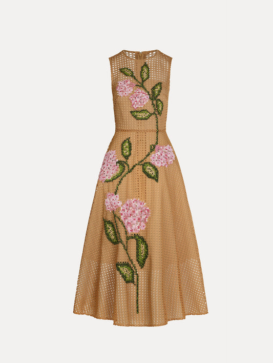 Porcelain Flower Lattice Dress Khaki / Oscar de la Renta