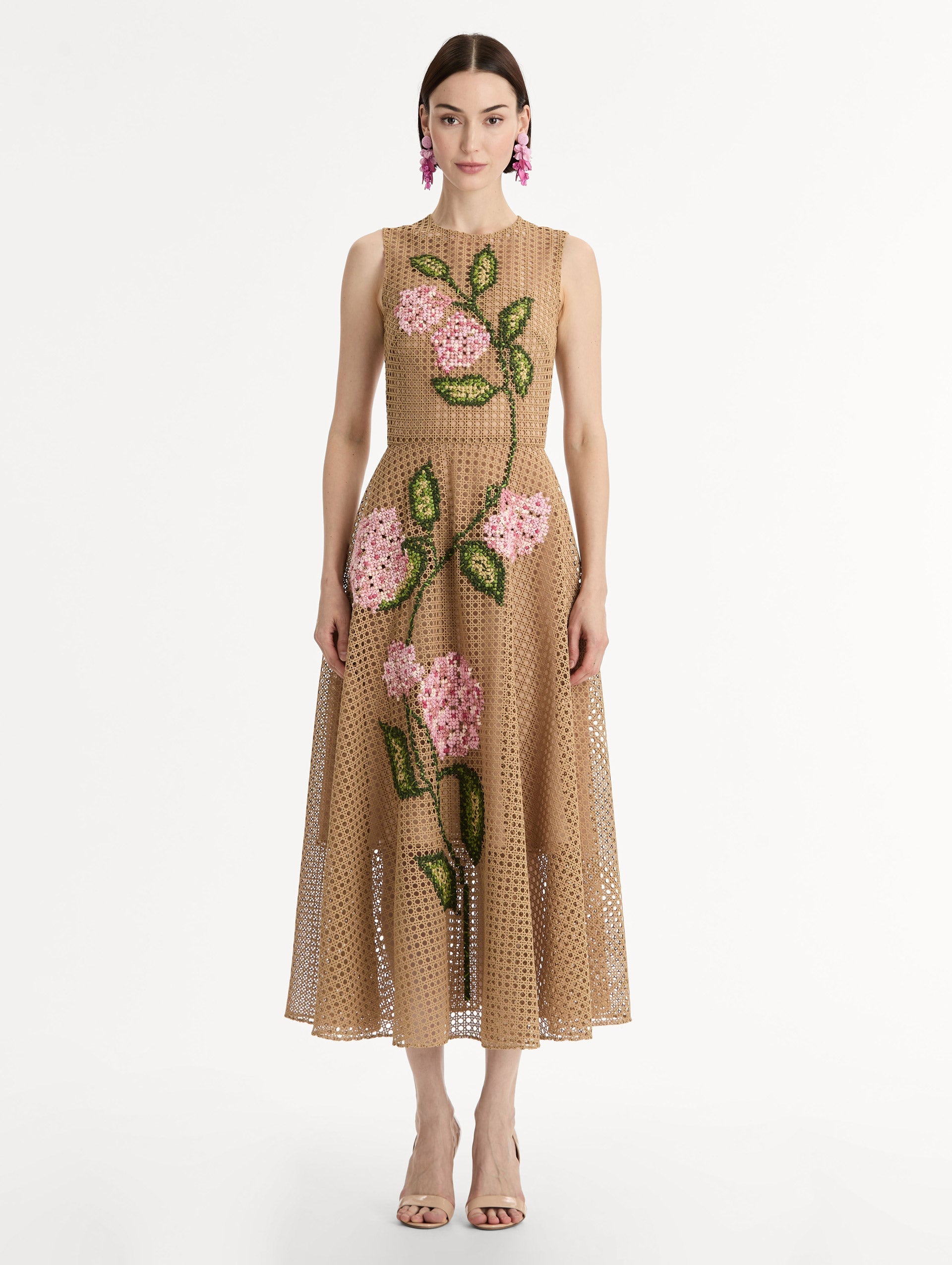 Porcelain Flower Lattice Dress Khaki / Oscar de la Renta