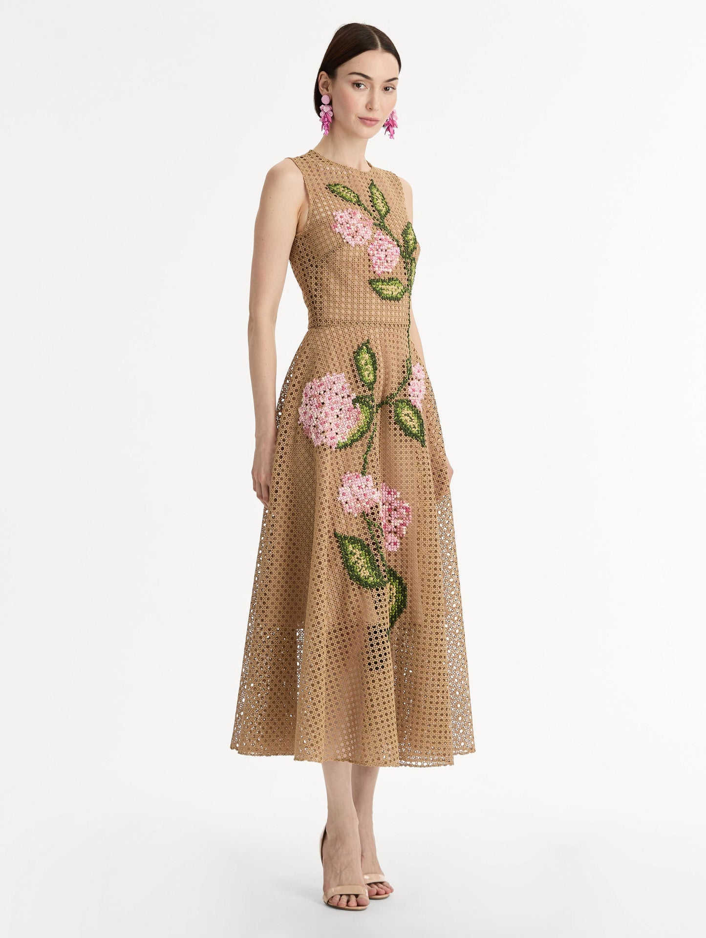 Porcelain Flower Lattice Dress Khaki / Oscar de la Renta
