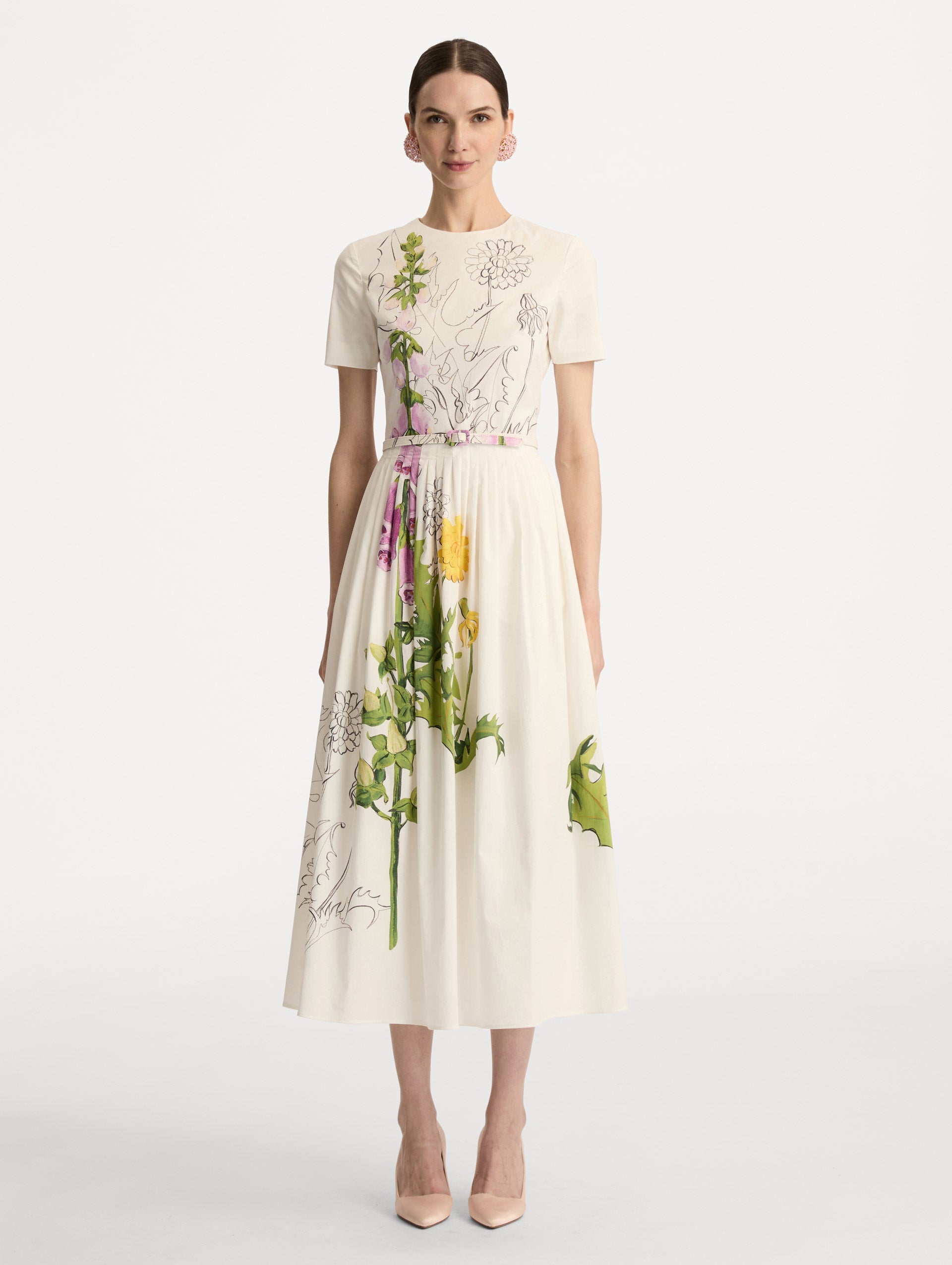 Foxglove Sketch Cotton Poplin Dress White multi / Oscar de la Renta