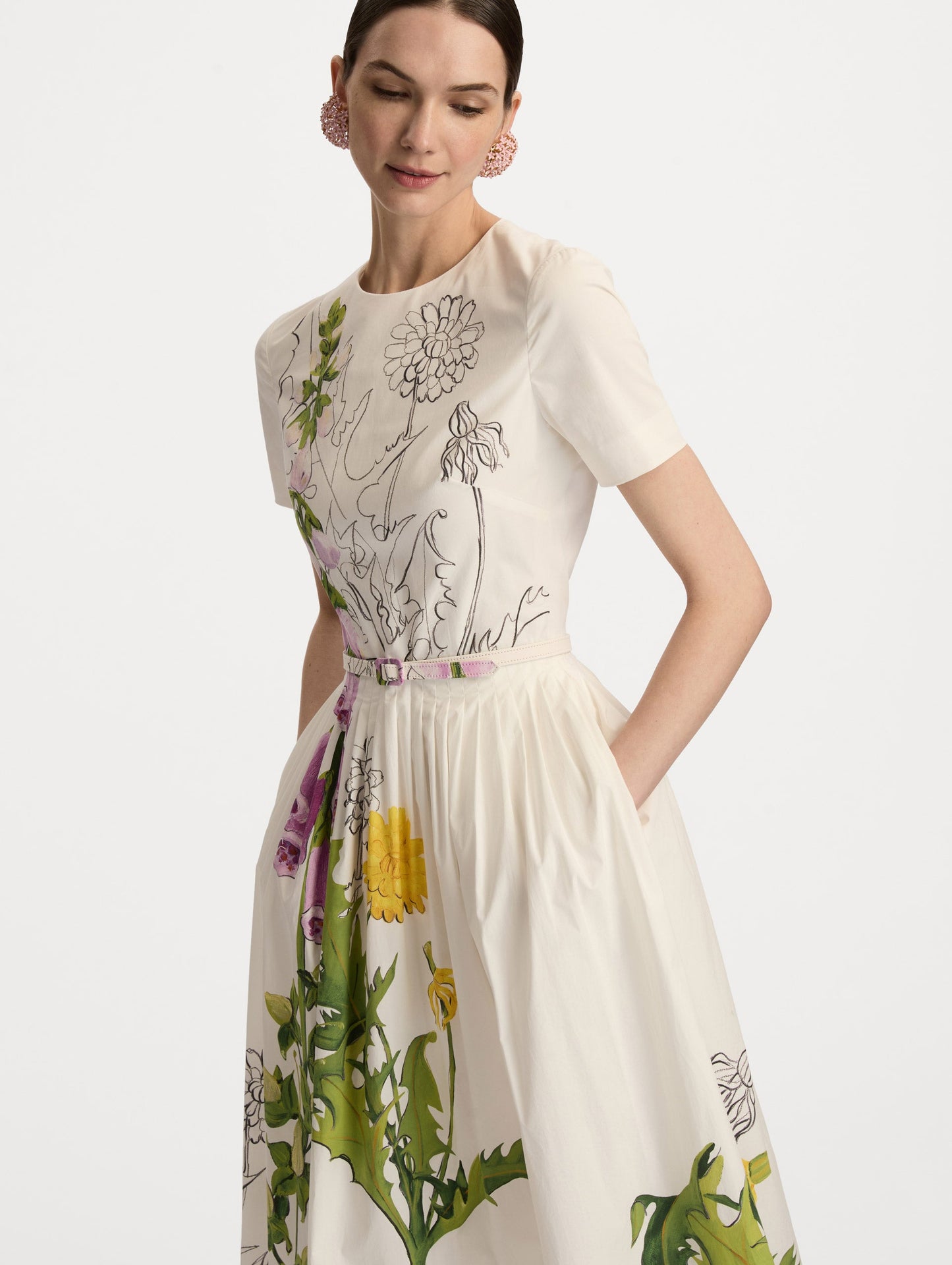 Foxglove Sketch Cotton Poplin Dress White multi / Oscar de la Renta