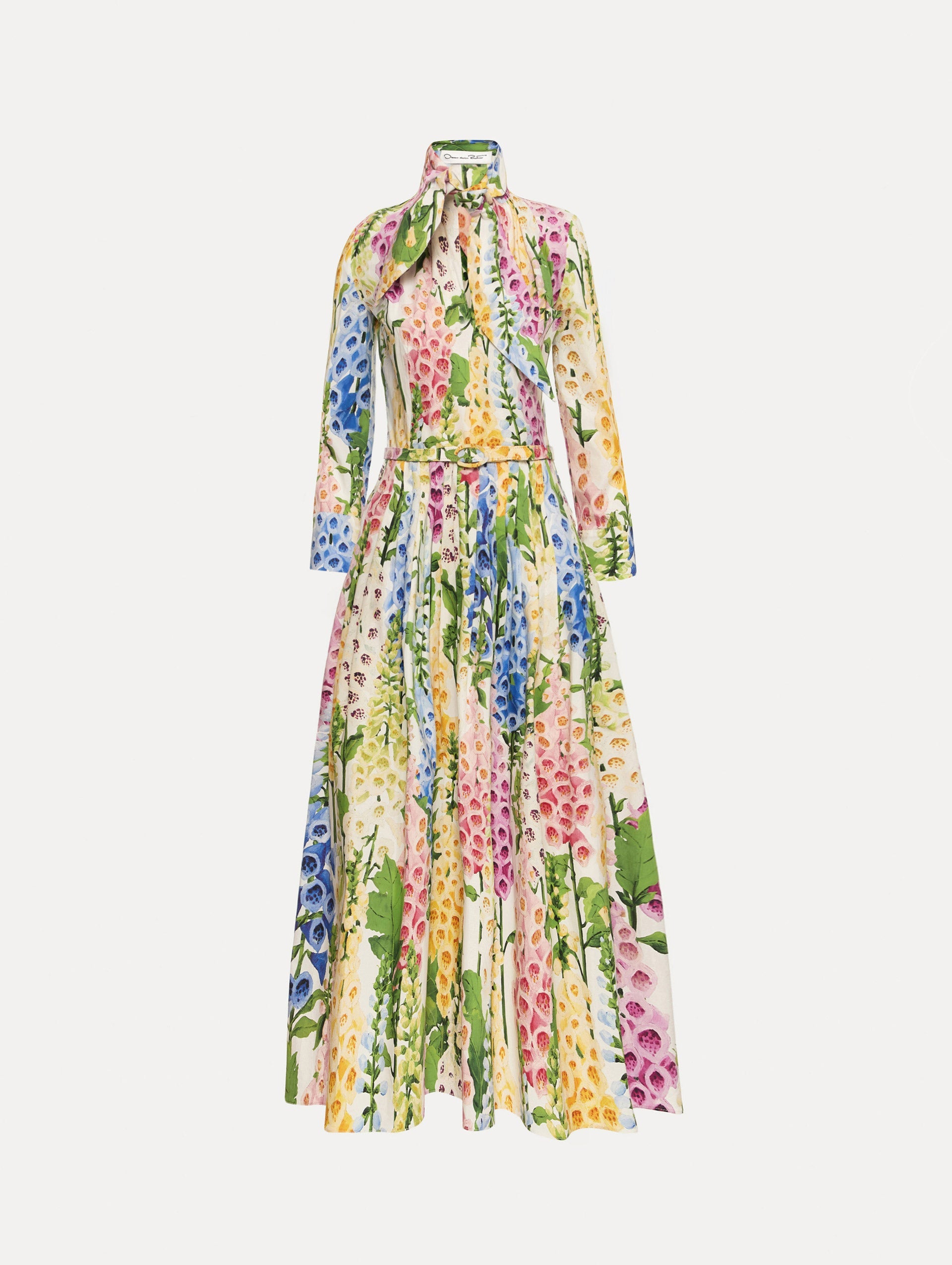 Foxglove Cotton Poplin Tie-Neck Dress White multi / Oscar de la Renta