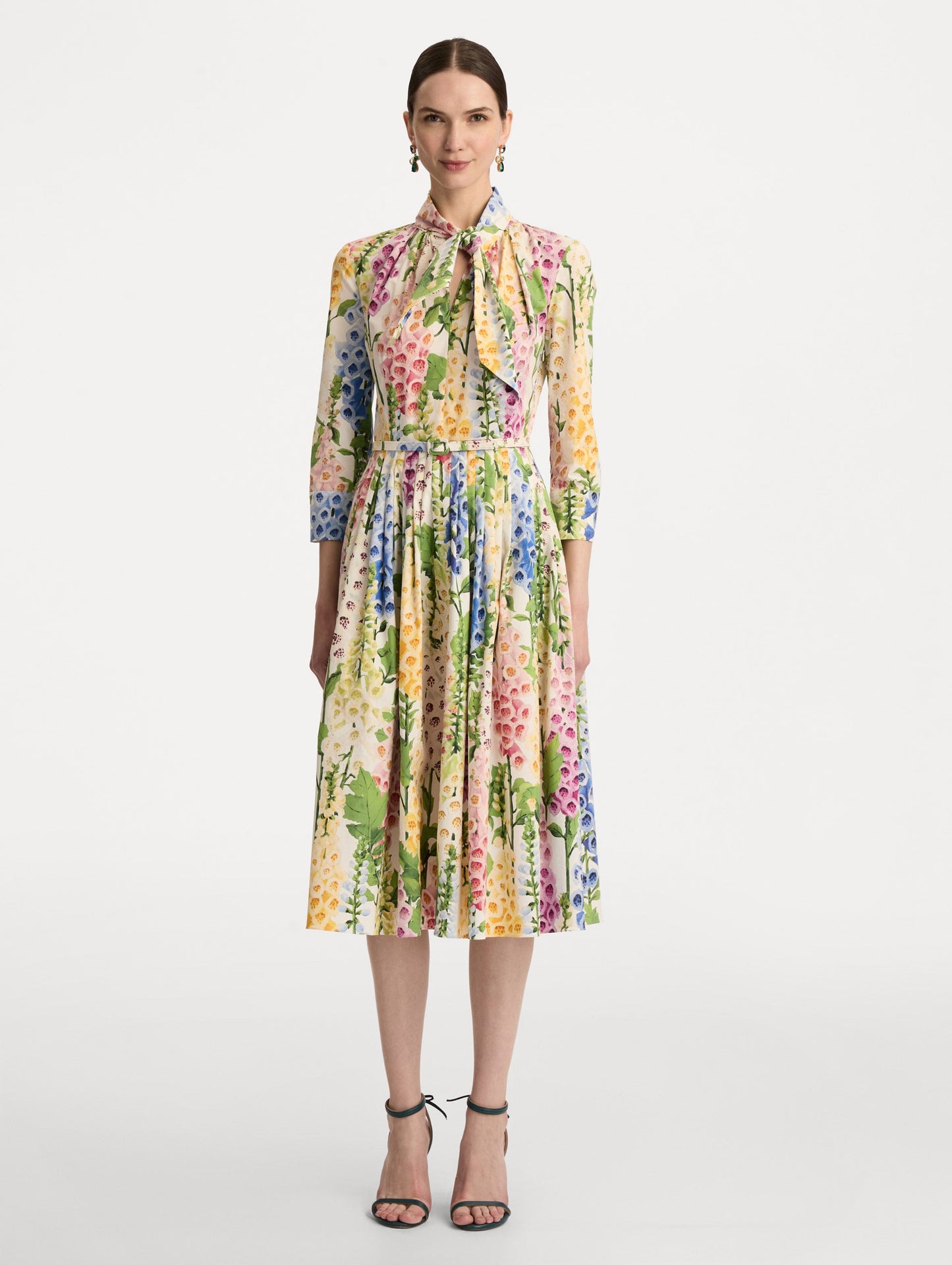 Foxglove Cotton Poplin Tie-Neck Dress White multi / Oscar de la Renta
