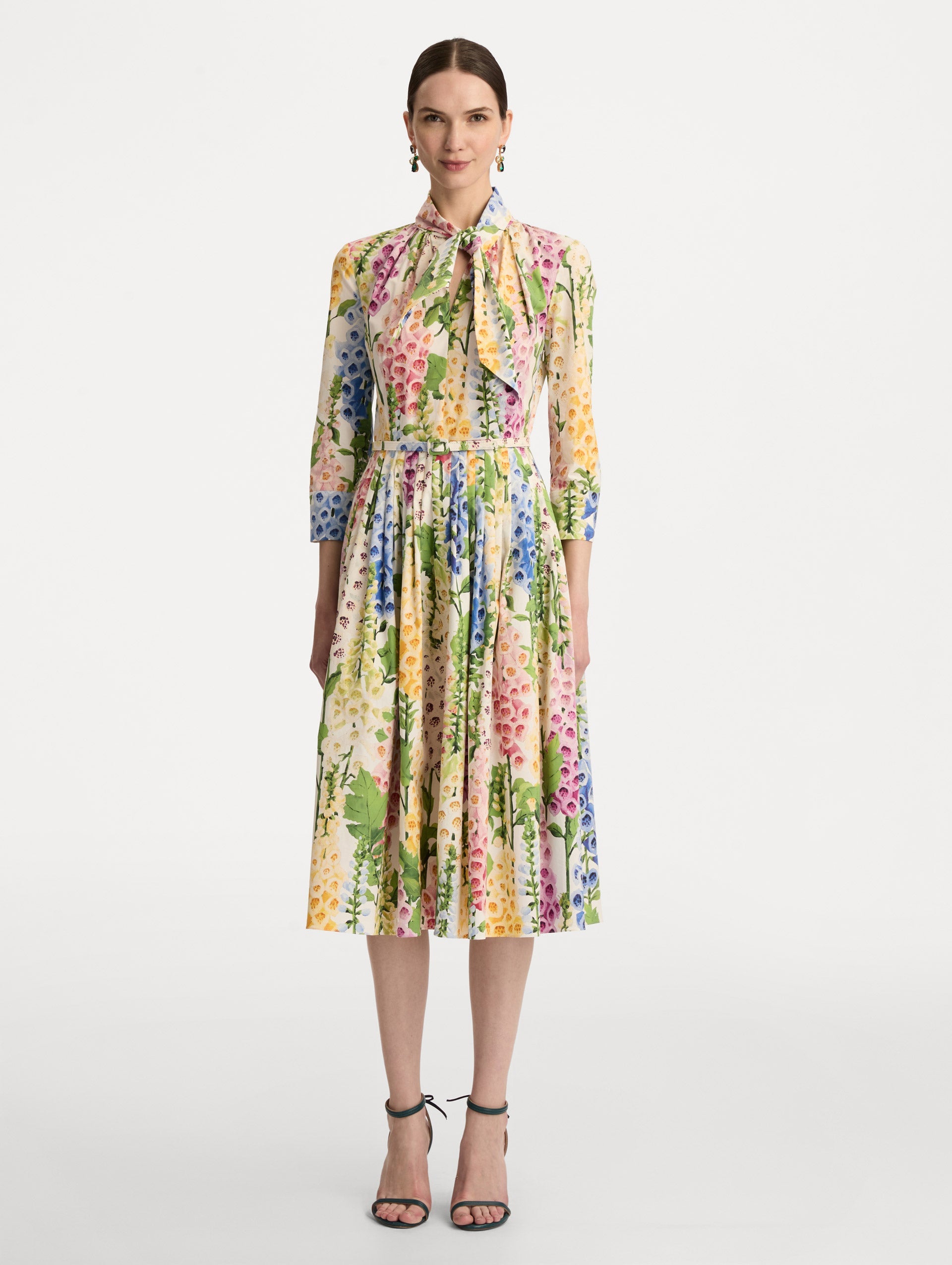 Foxglove Cotton Poplin Tie-Neck Dress White multi / Oscar de la Renta